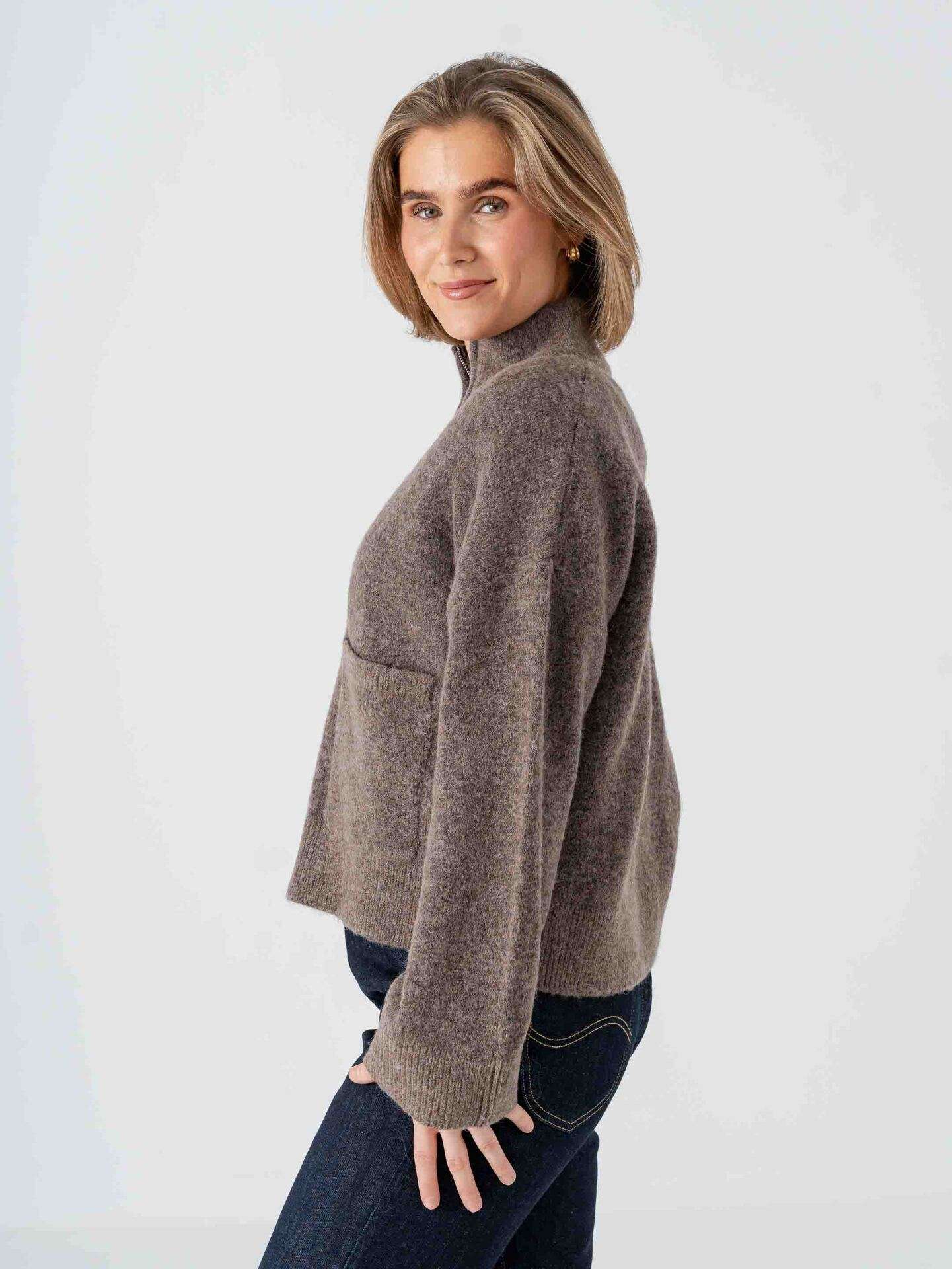 Selected Femme Sia Ras Long Sleeve Knit Zipper Cardigan - Brun