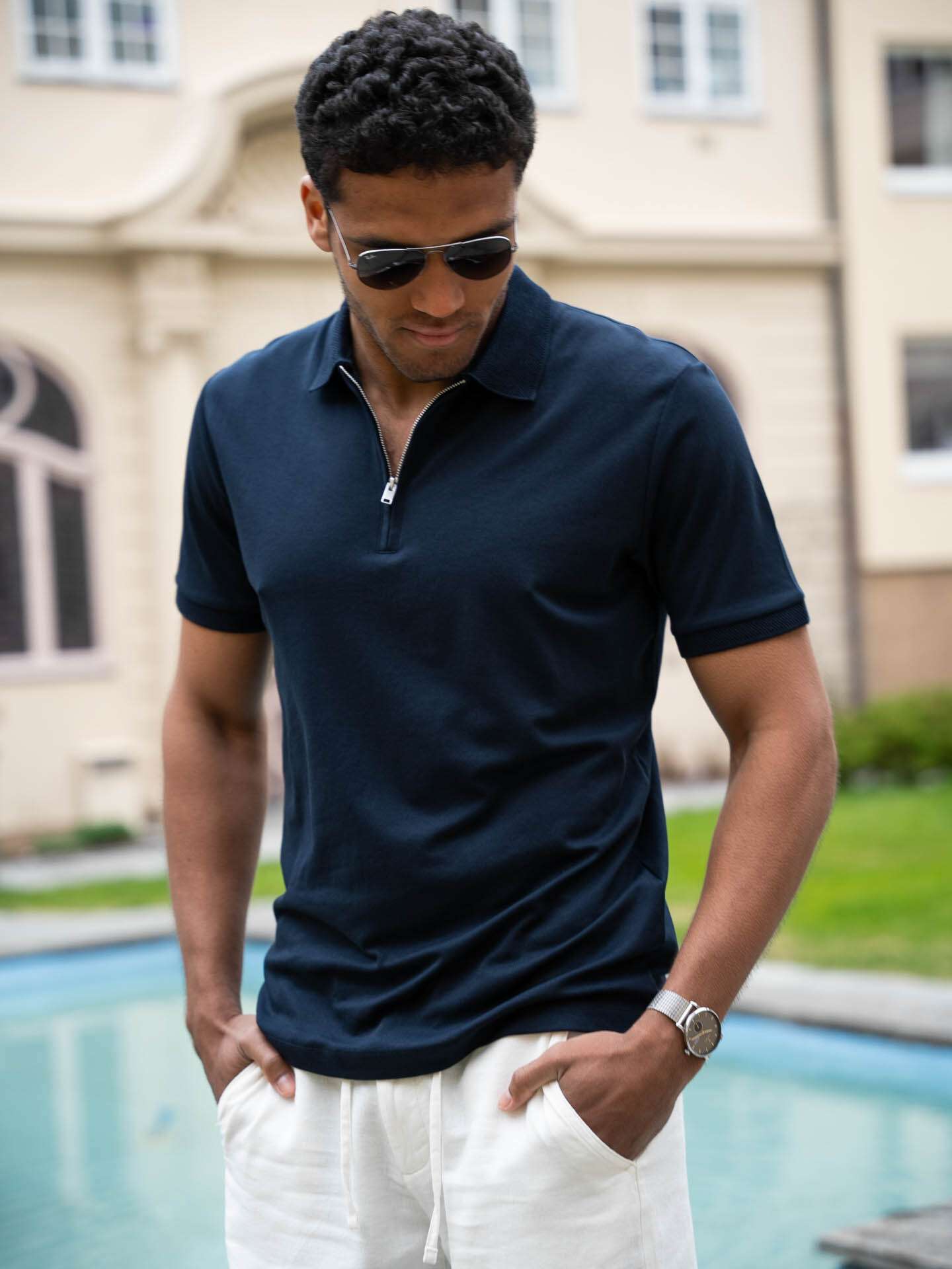 Selected Homme Fave Zip Short Sleeve Polo - Blå | Getinspired.no