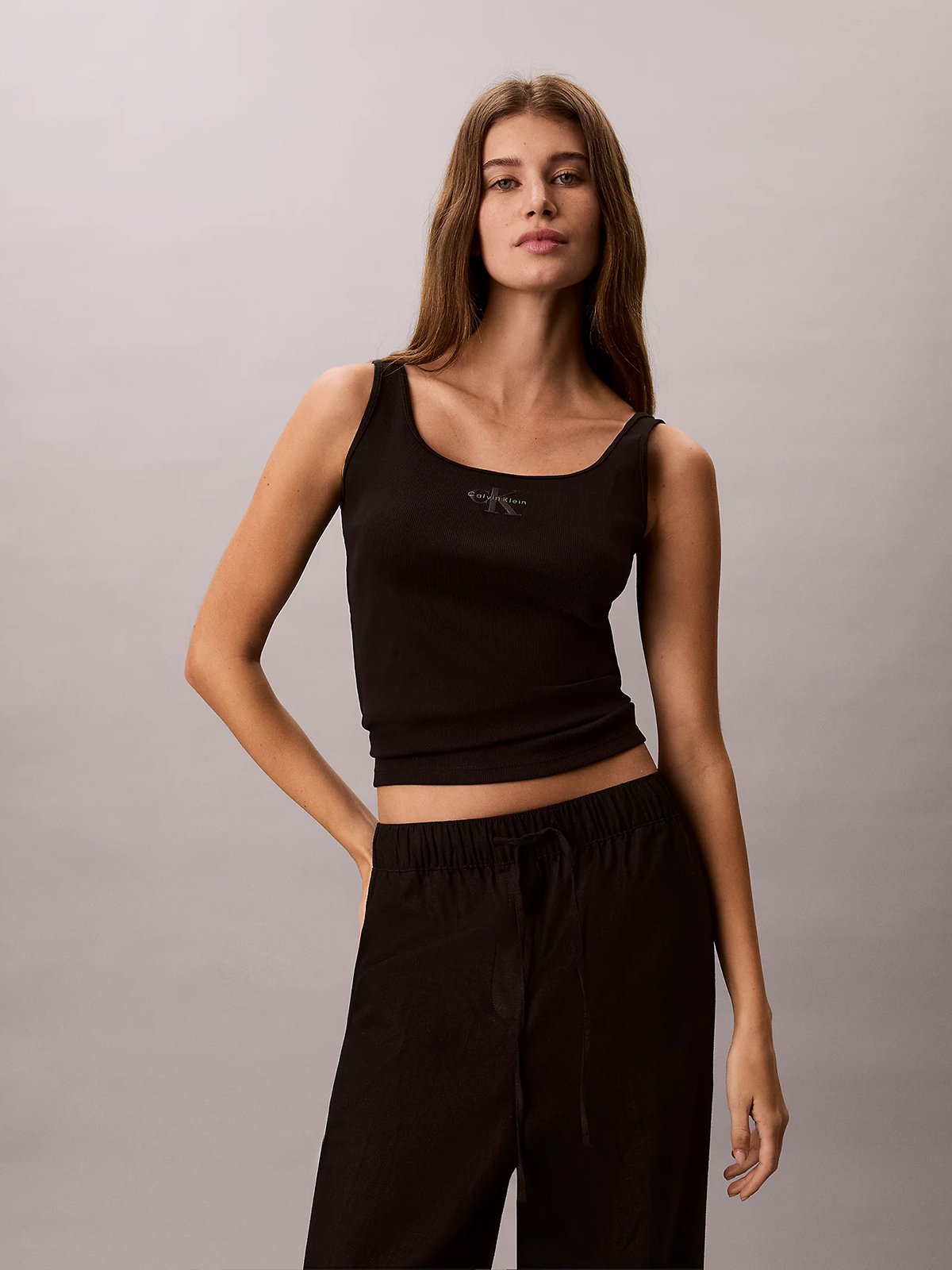 Calvin Klein Monologo Scoop Neck Rib Tank Top Black