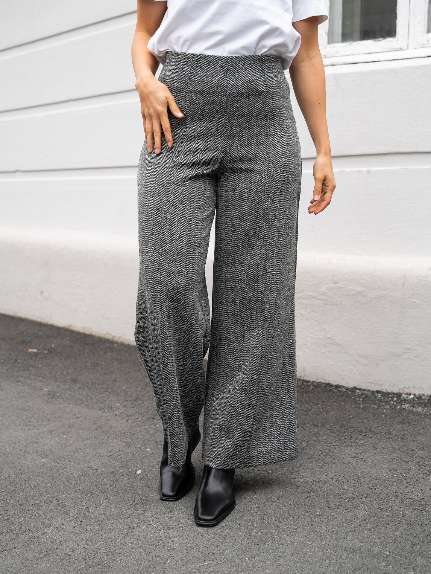 Ichi Kate Jacquard Pant 9 Black/White Herringbone