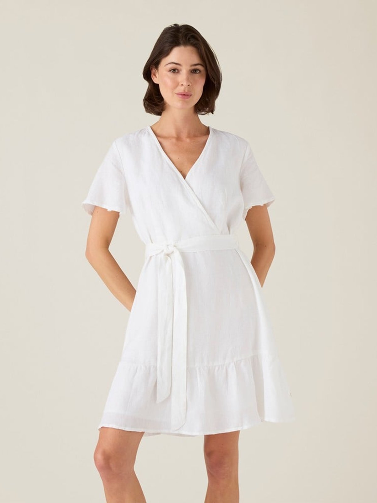 Lexington Belted Linen V-neck Dress White