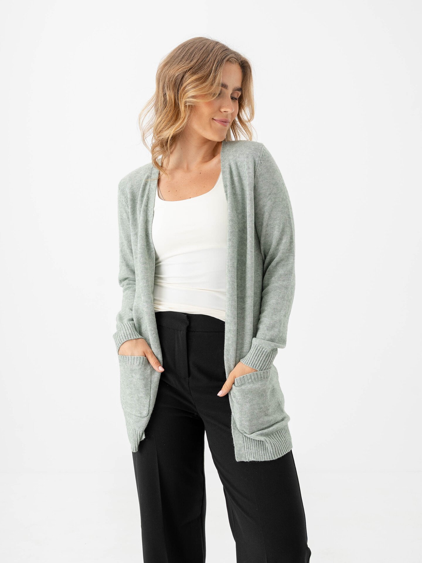 Only Lesly Long Sleeve Open Cardigan Knit Basil Melange