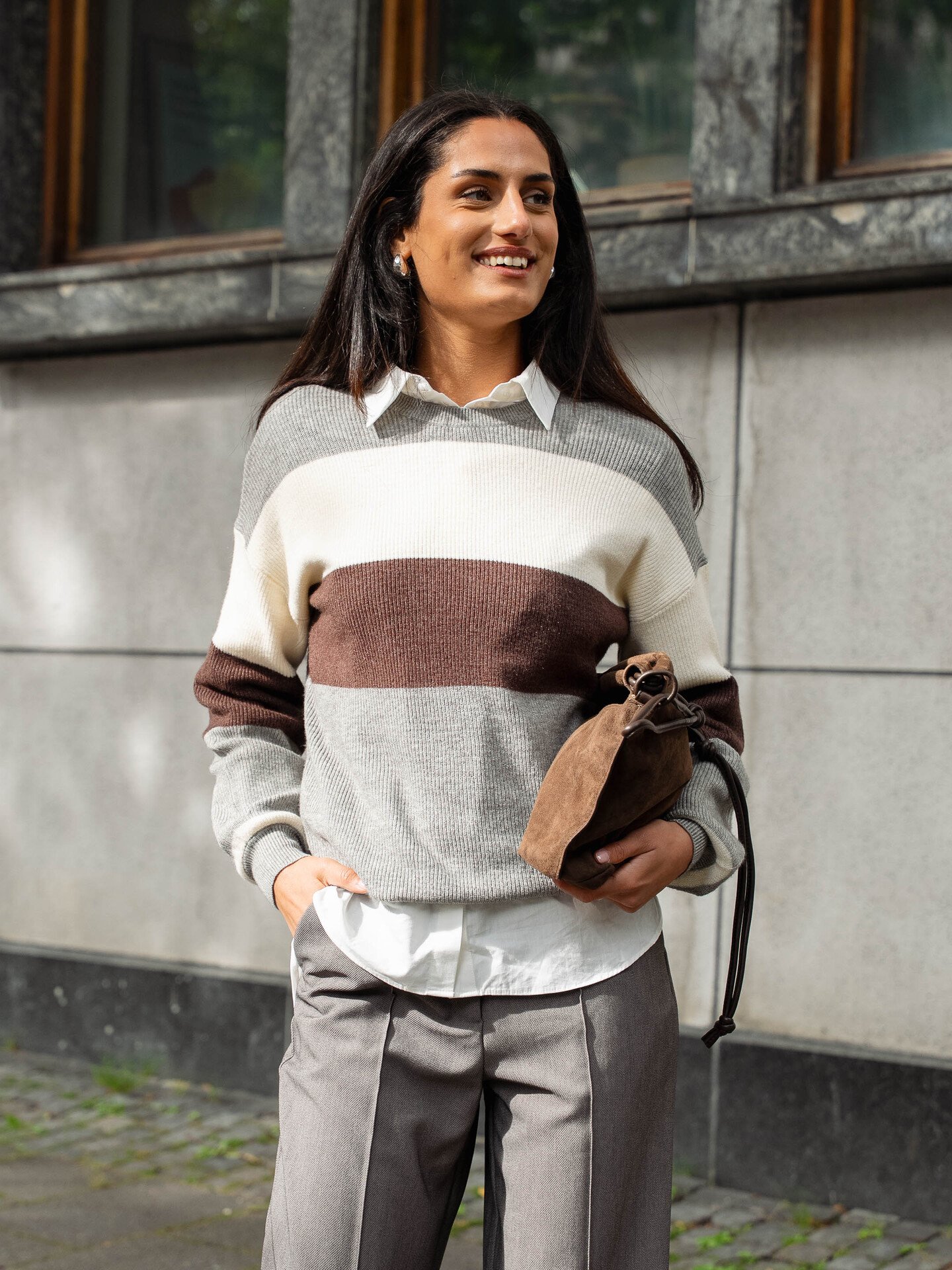 Only Atia Long Sleeve Stripe Pullover Knit Medium Grey Melange W. Whitecap Gray/Chicory Coffee