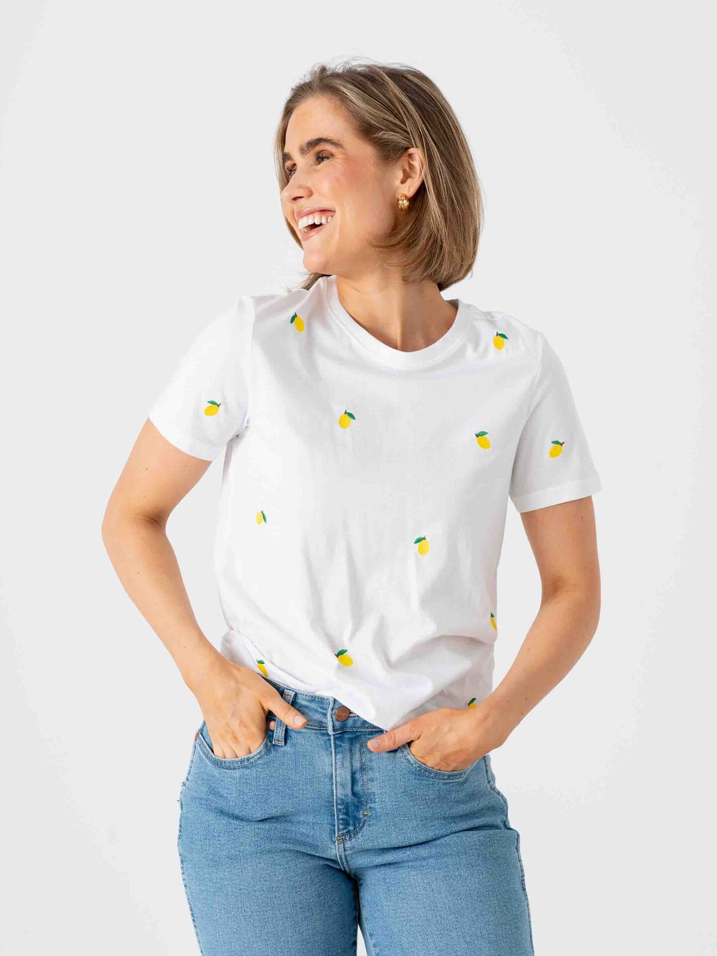Only Ketty Life Short Sleeve O-Neck Top Bright White / Lemons