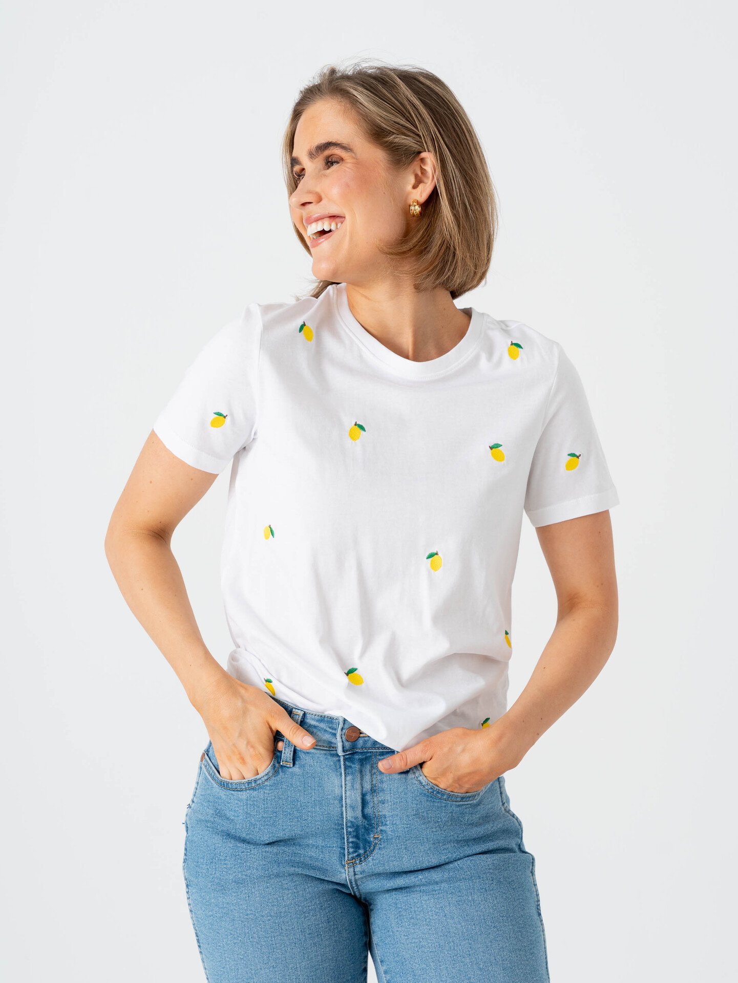 Only Ketty Life Short Sleeve O-Neck Top Bright White / Lemons