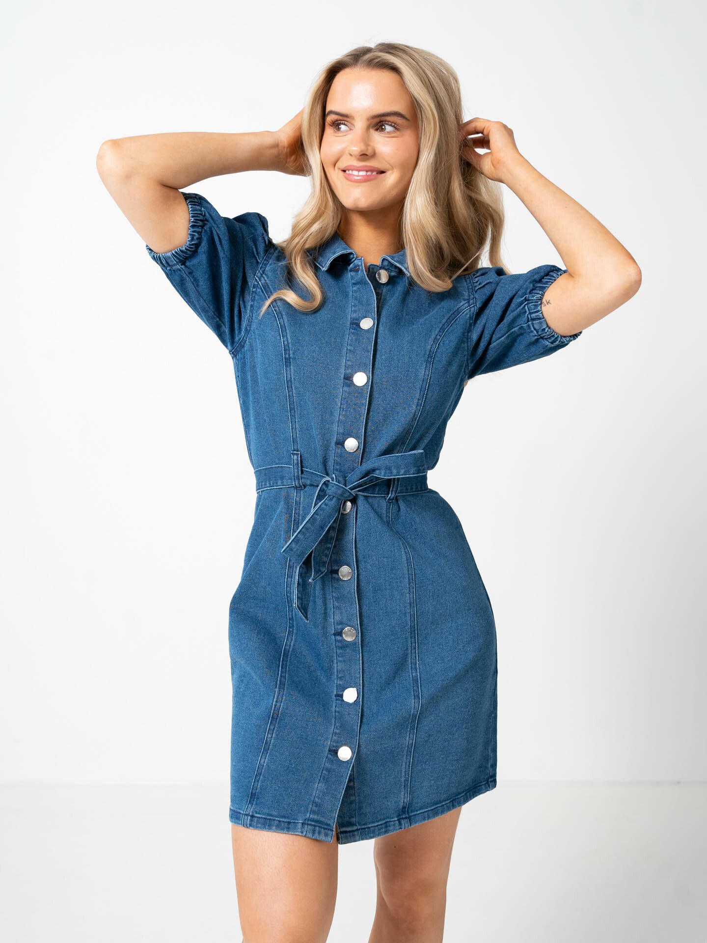 Only Vibbe Short Sleeve Belt Denim Dress Medium Blue Denim