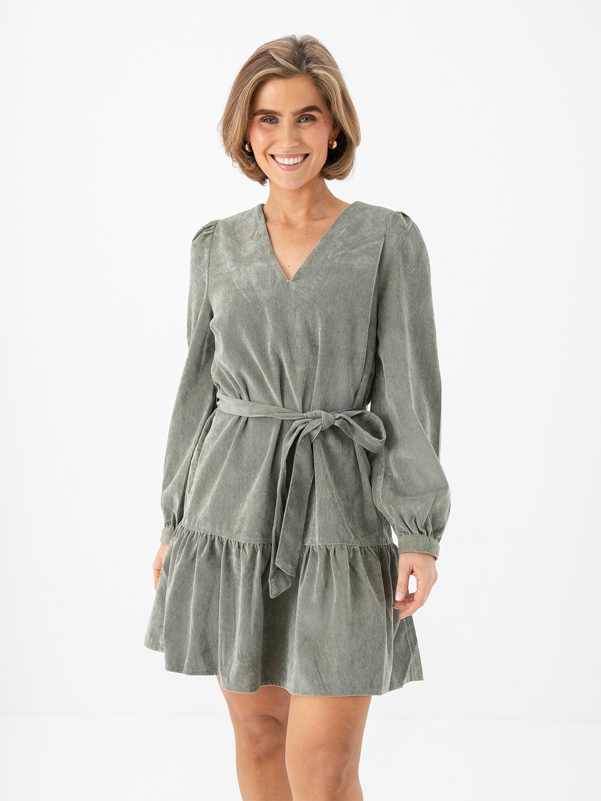 Only Marike Life Long Sleeve Cord Belt Dress Smokey Olive