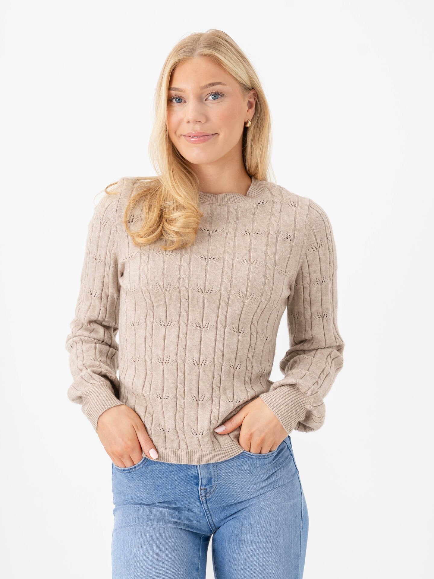 Only Katia Long Sleeve Structure O-Neck Pullover Cable Knit Mocha Meringue Melange