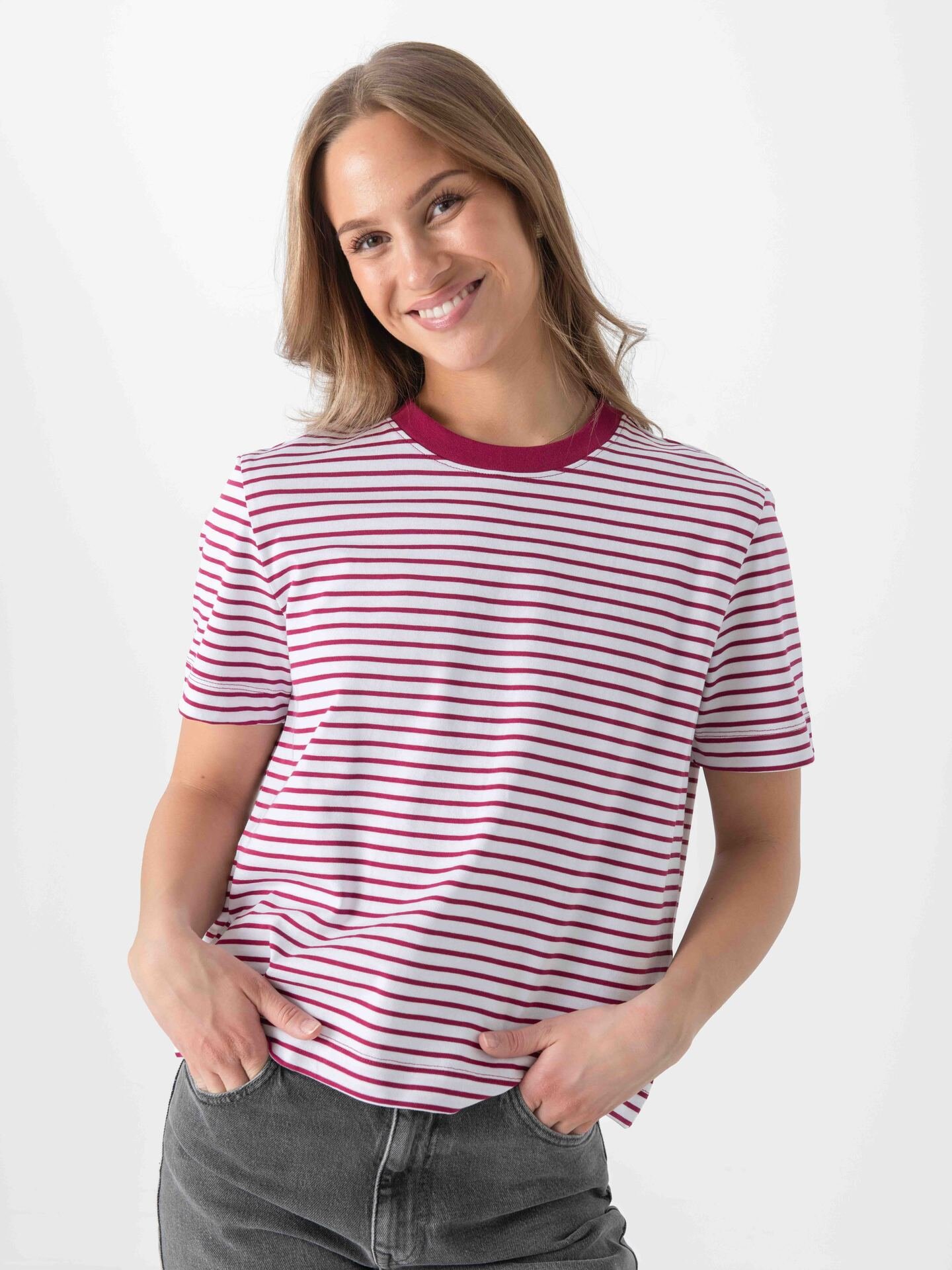 Selected Femme Essential Short Sleeve Striped Boxy Tee Anemone