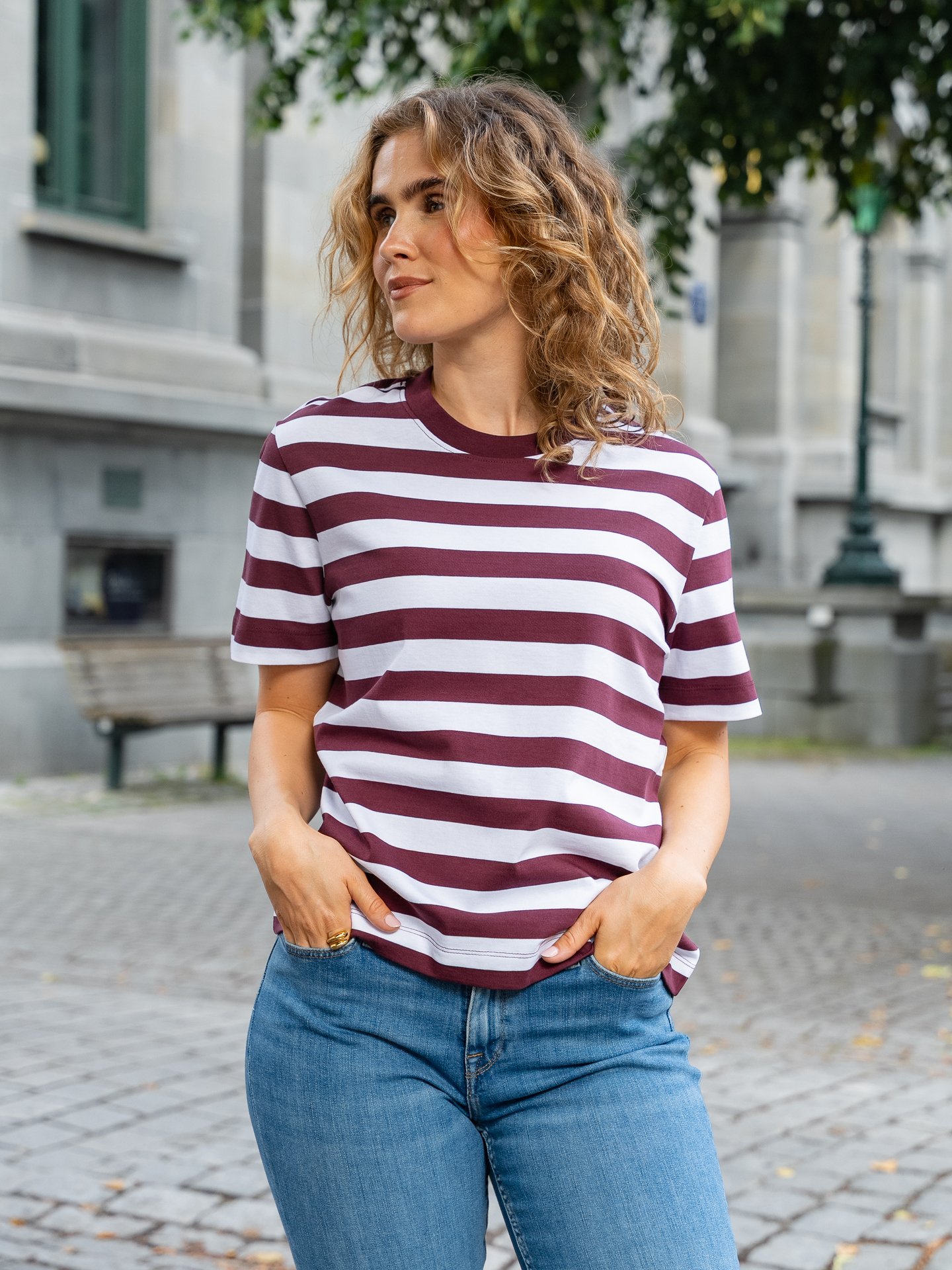 Selected Femme Essential Short Sleeve Striped Boxy Tee Fig BRIGHT WHITE - Wide