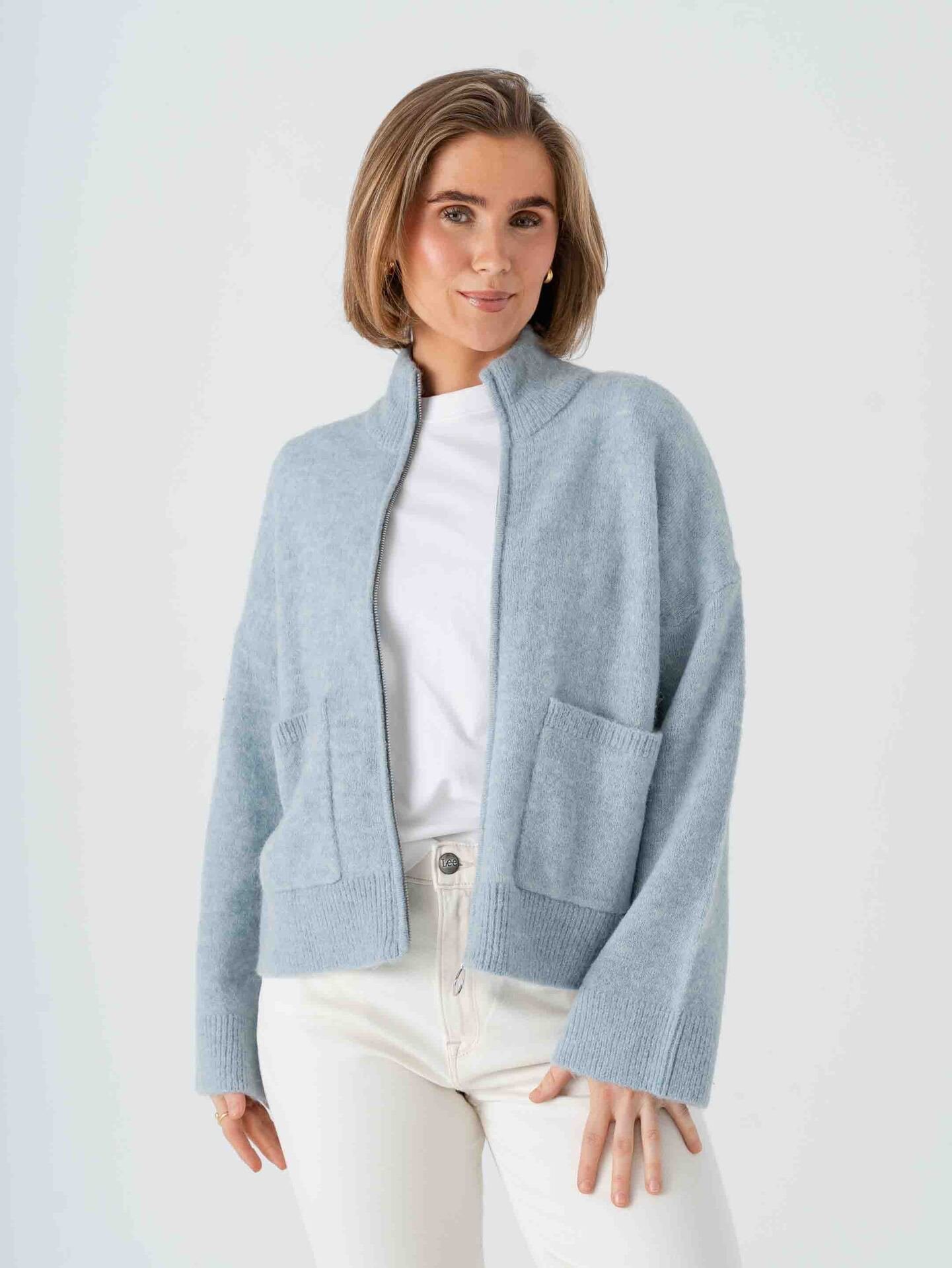 Selected Femme Sia Ras Long Sleeve Knit Zipper Cardigan Dusty Blue