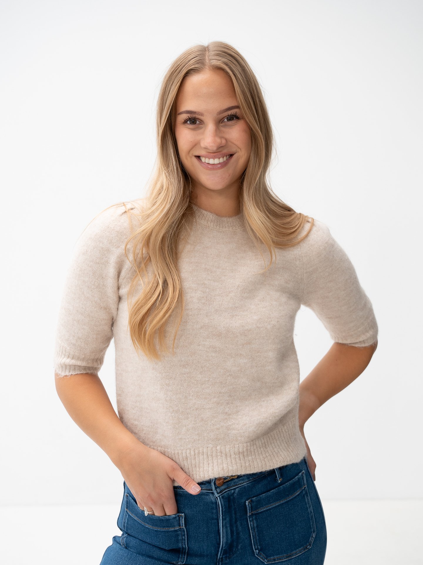 Selected Femme Lulu Short Sleeve Open Back Knit O-neck Birch Melange