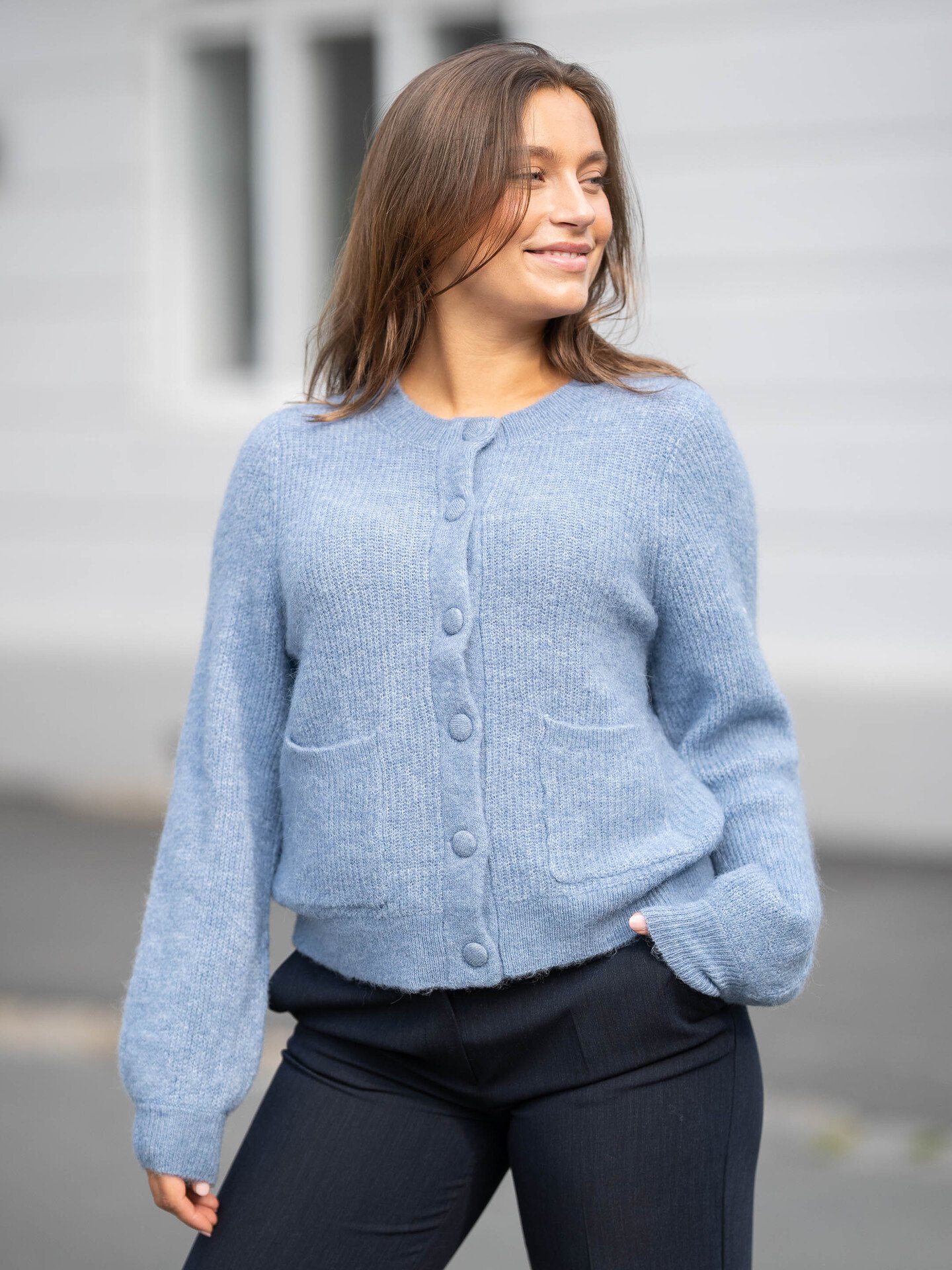 Selected Femme Sia Ras Long Sleeve Knit Pocket Cardigan Endless Sky Melange