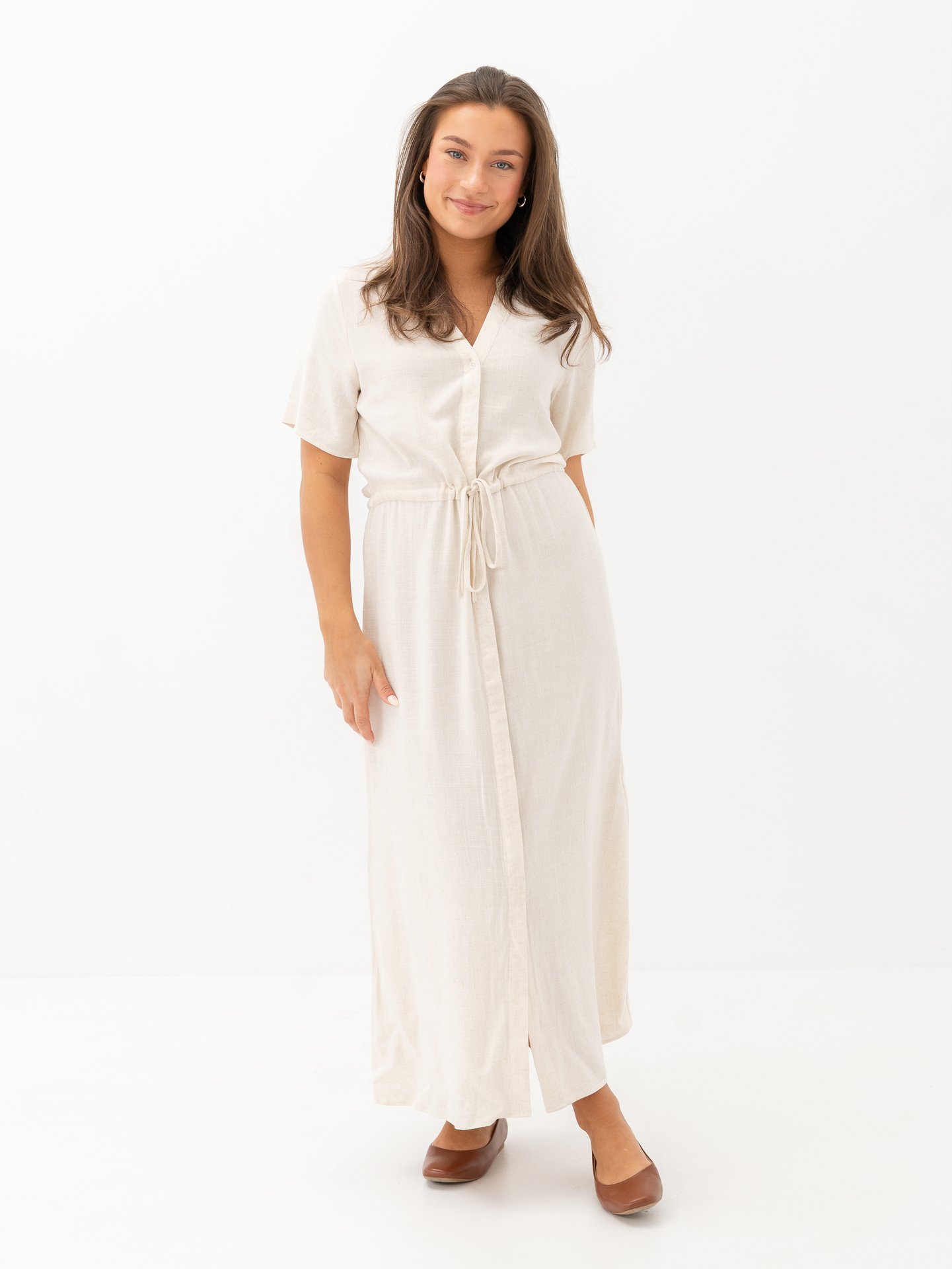 Selected Femme Viva-Damina Short Sleeve Ankle Sun Dress Sandshell