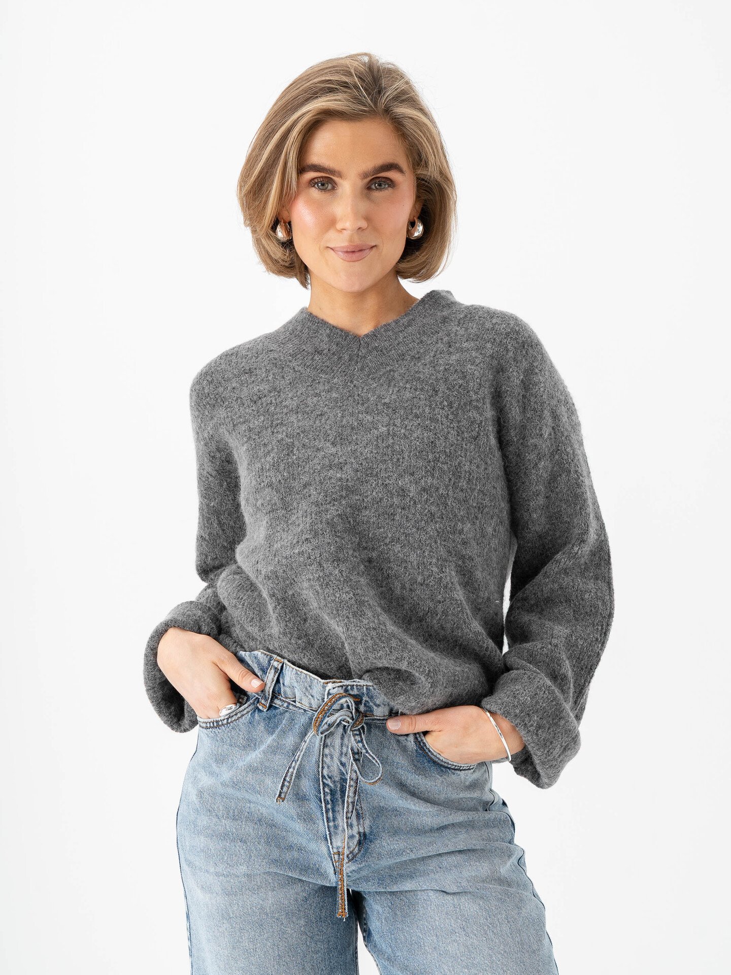 Selected Femme Sia Ras Long Sleeve Knit Long V-Neck Medium Grey Melange