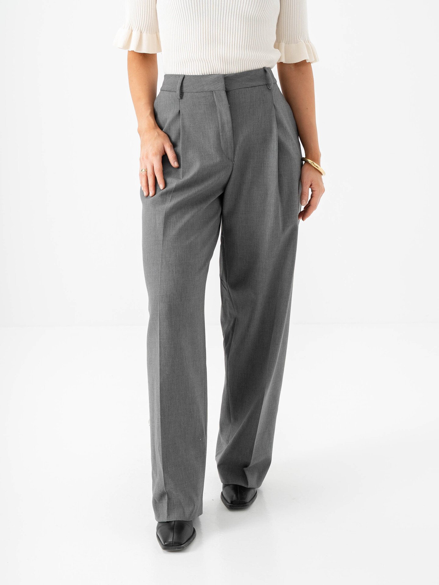 Selected Femme Wide Rita Lano Mid Waist Pant Medium Grey Melange MELANGE