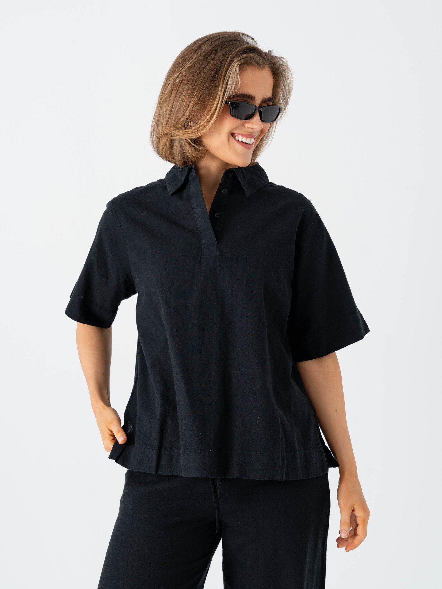 Selected Femme Luisa Linen Blend Polo Black