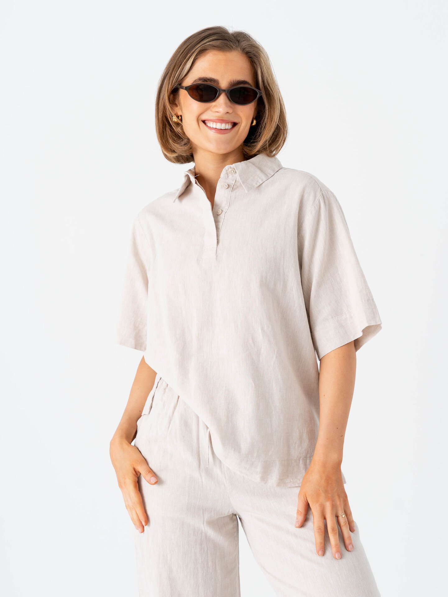 Selected Femme Luisa Linen Blend Polo Sandshell