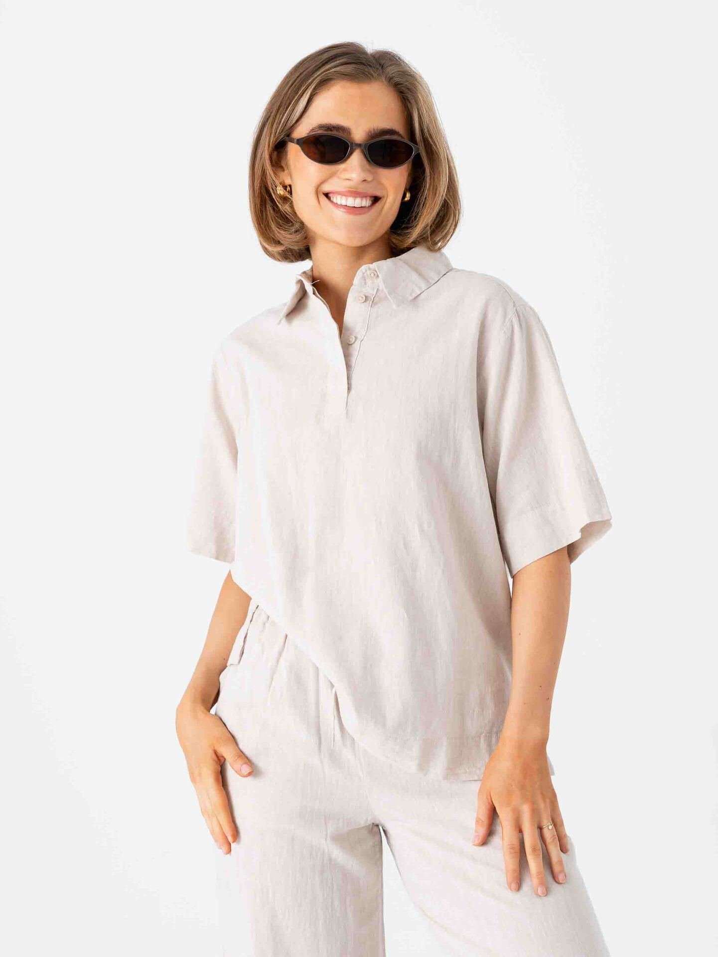 Selected Femme Luisa Linen Blend Polo Sandshell