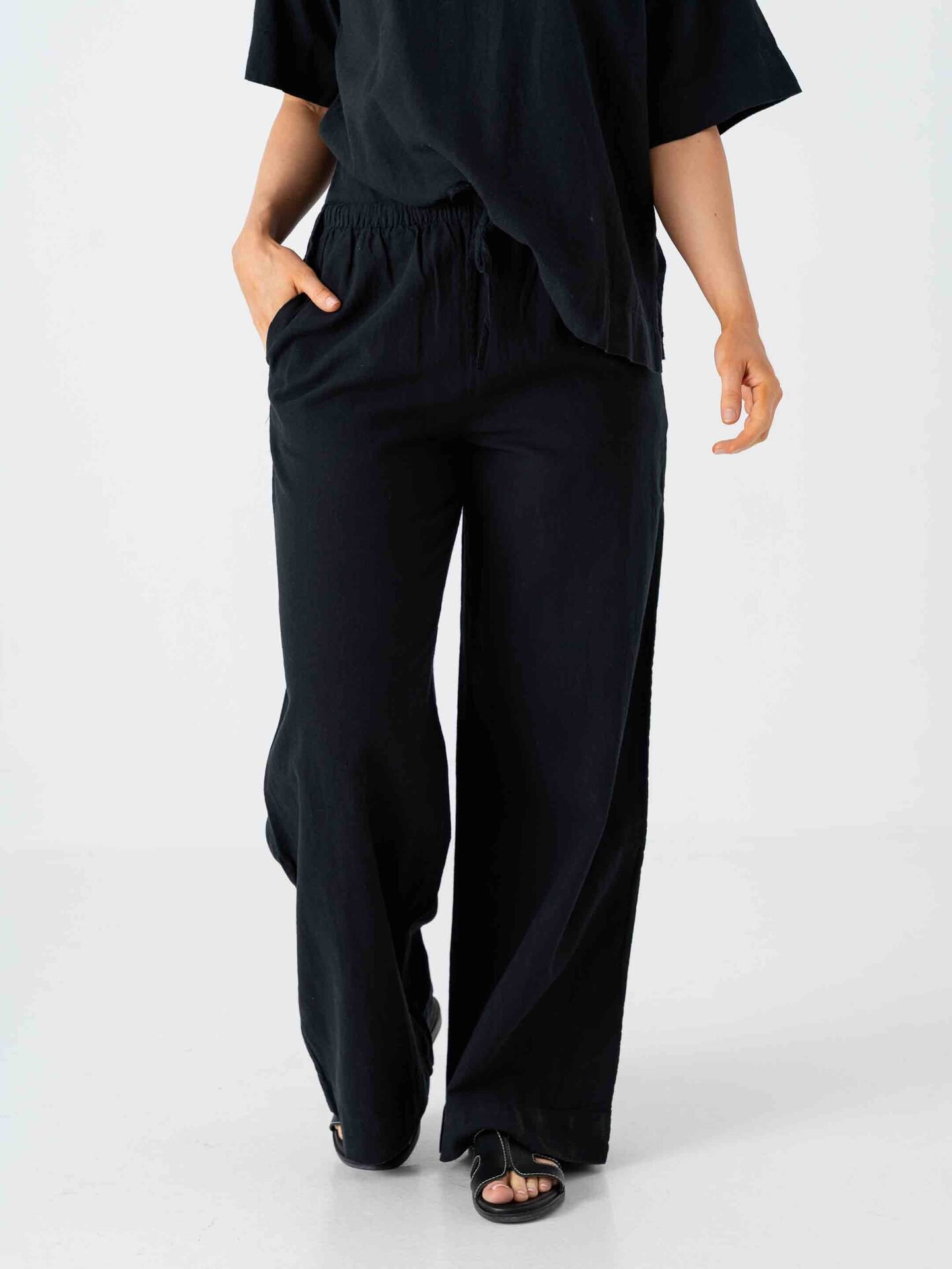 Selected Femme Luisa Mid Waist Wide Linen Blend Pant Black