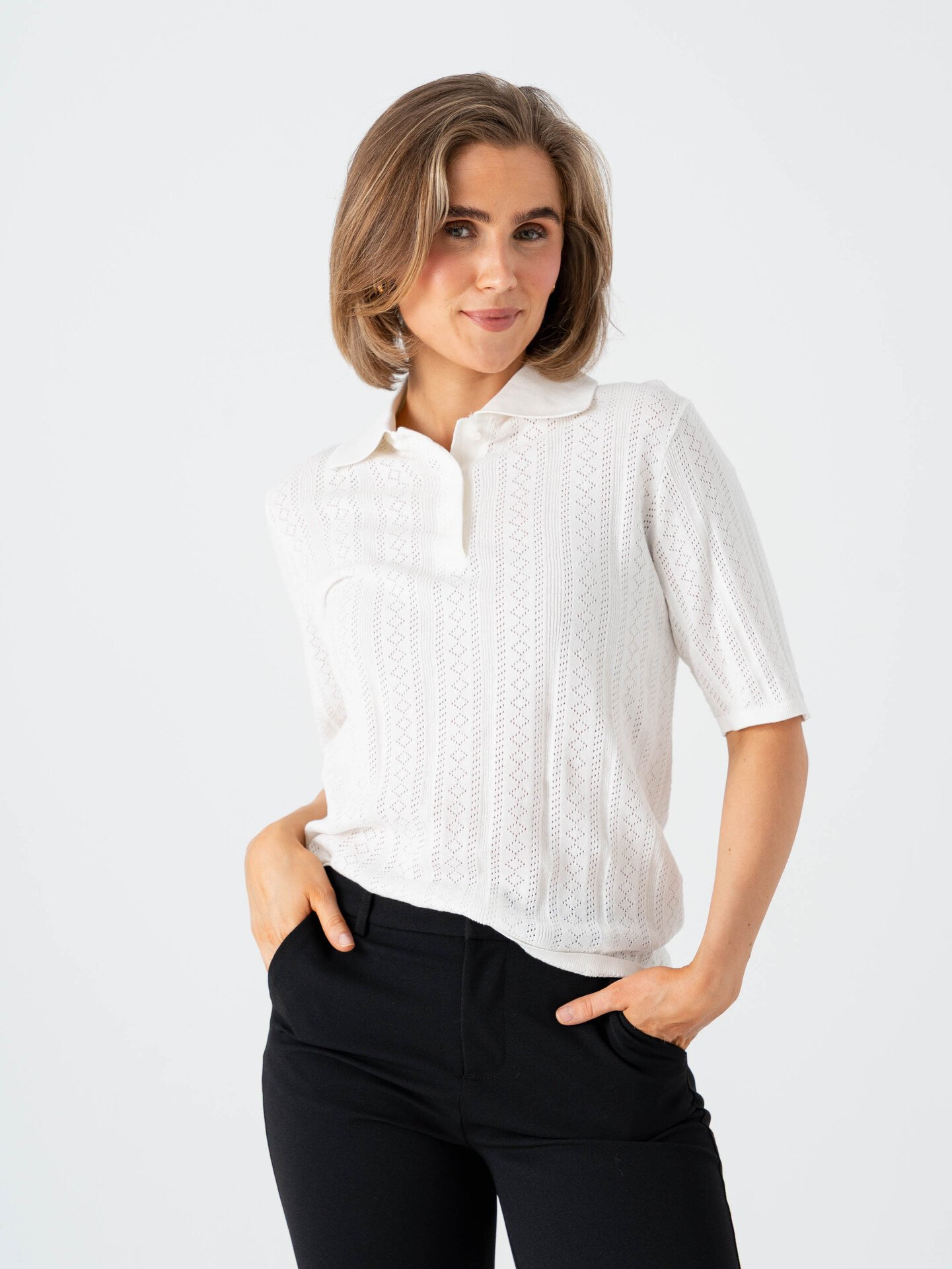 Selected Femme Toledo Structure 2/4 Knit Polo Neck Snow White