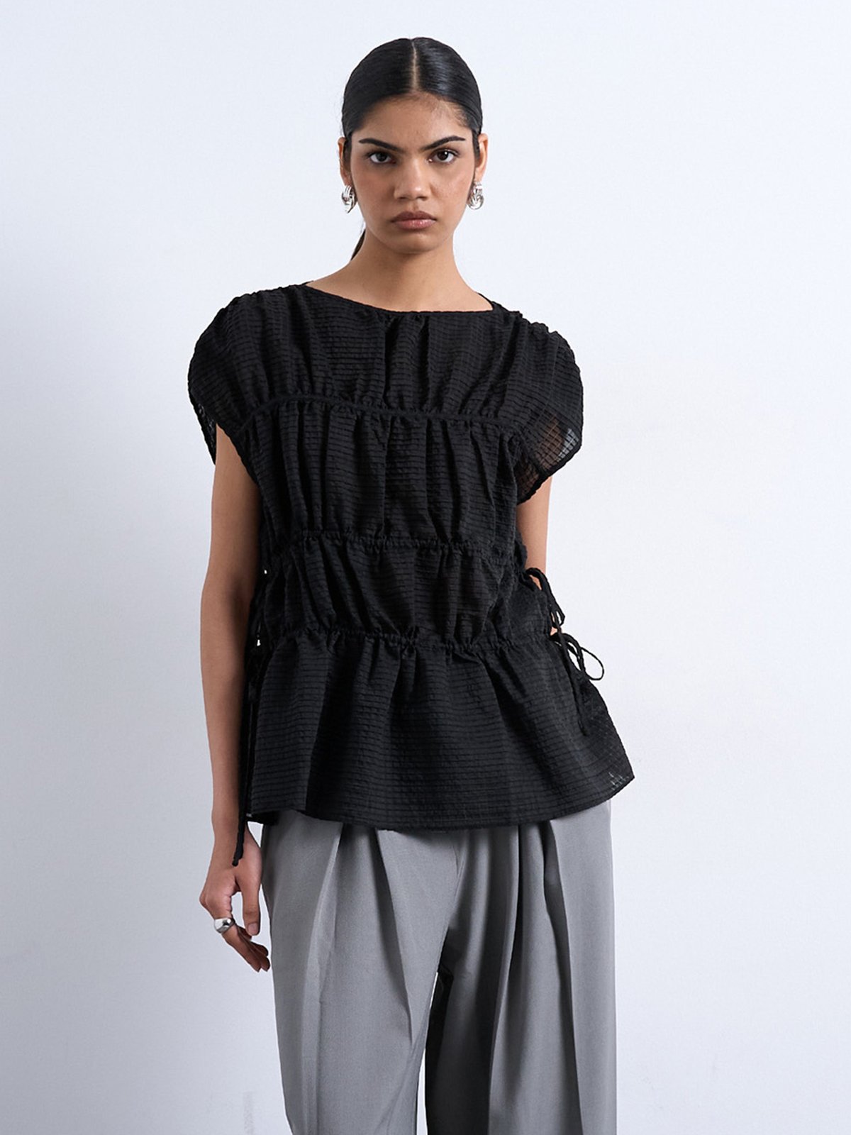 Topshop Ena Short Sleeve Tie Top Black