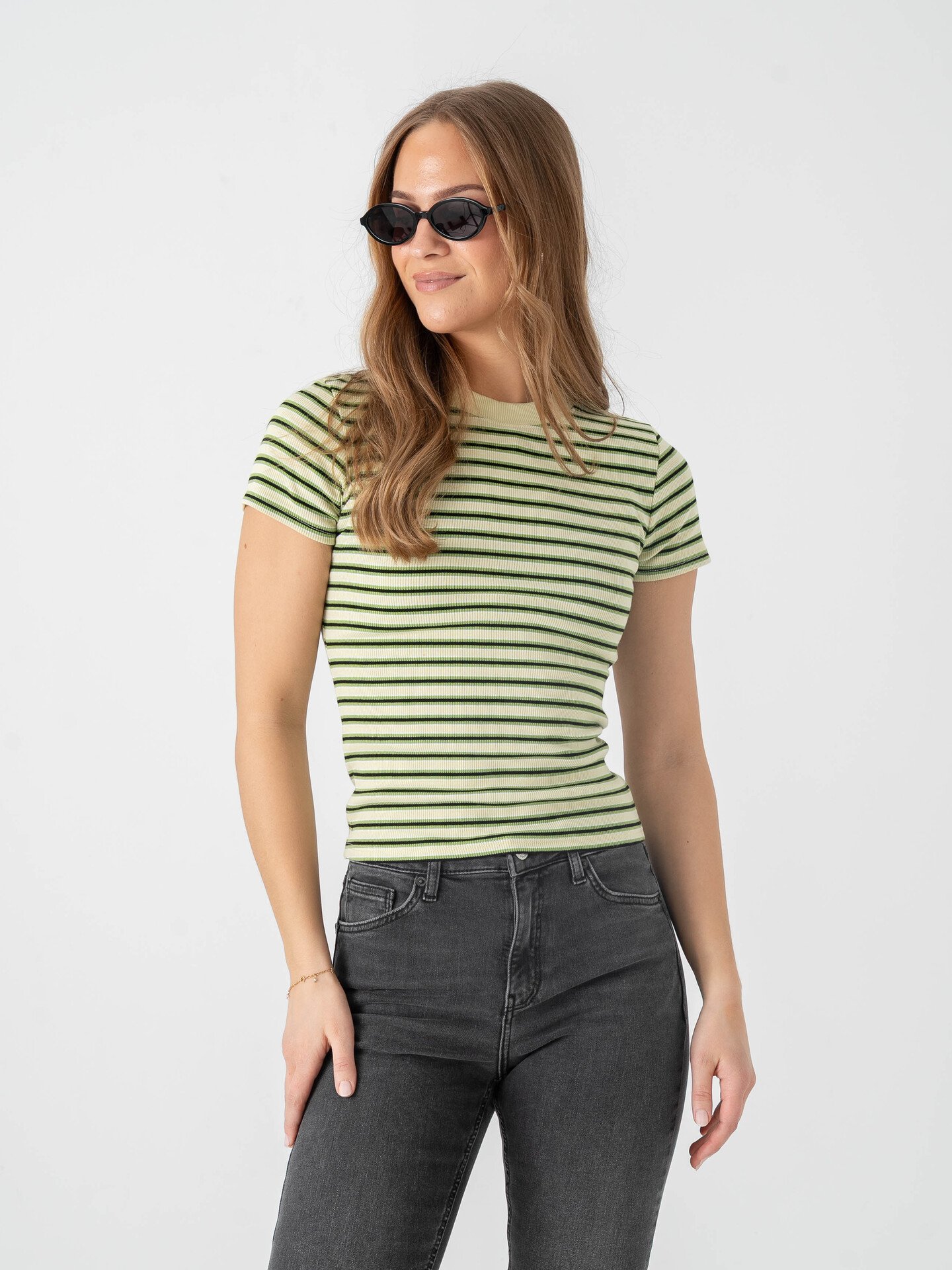 Topshop Sally Short Sleeve Stripe Rib Short Tee Bright Green