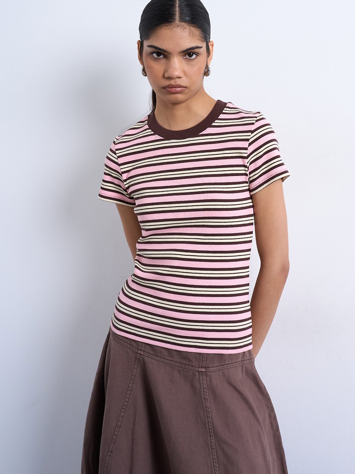Topshop Sally Short Sleeve Stripe Rib Short Tee Pink Cosmos