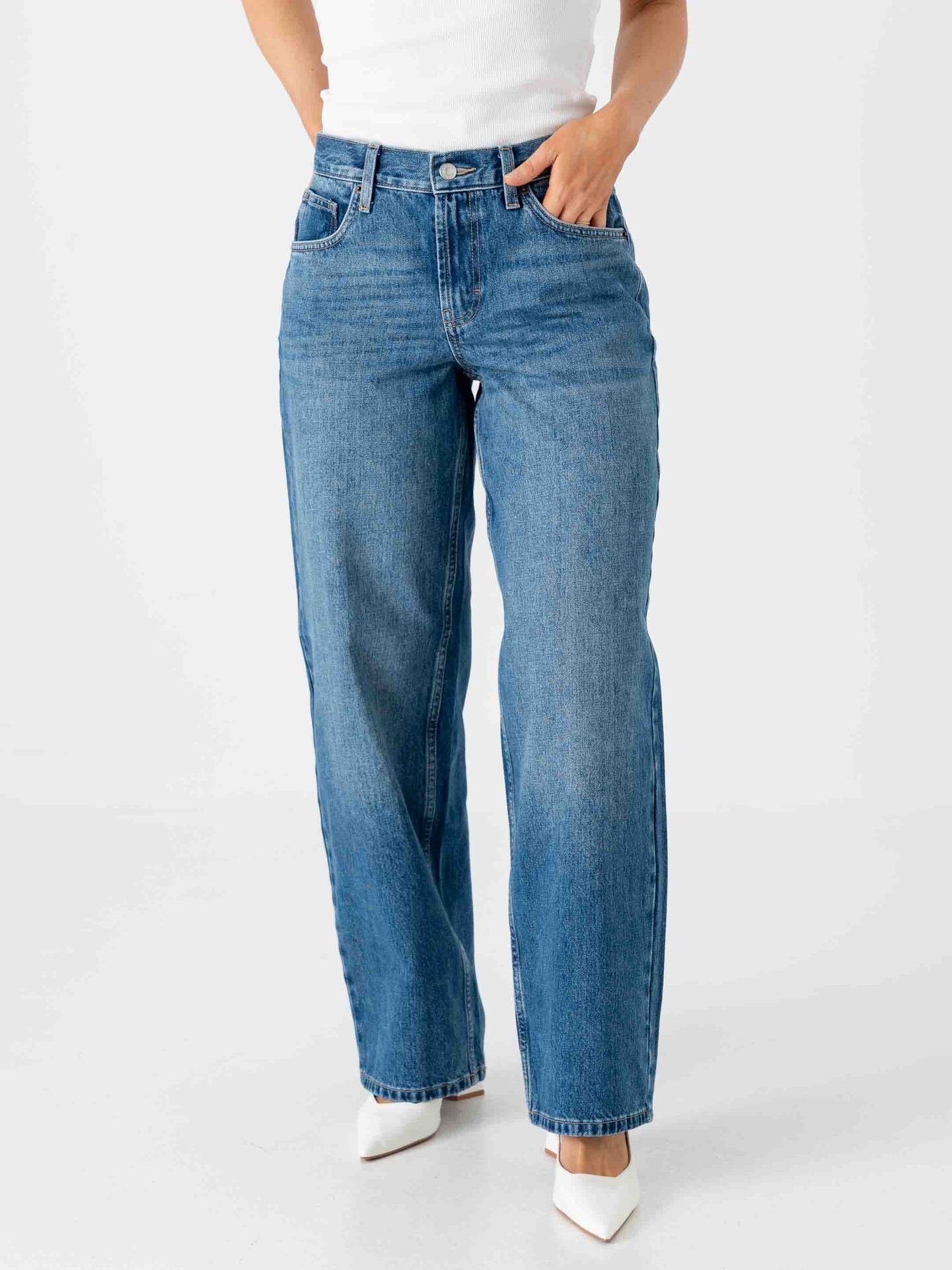 Topshop Cinch Low Rise Wide Denim Jeans Medium Blue Denim