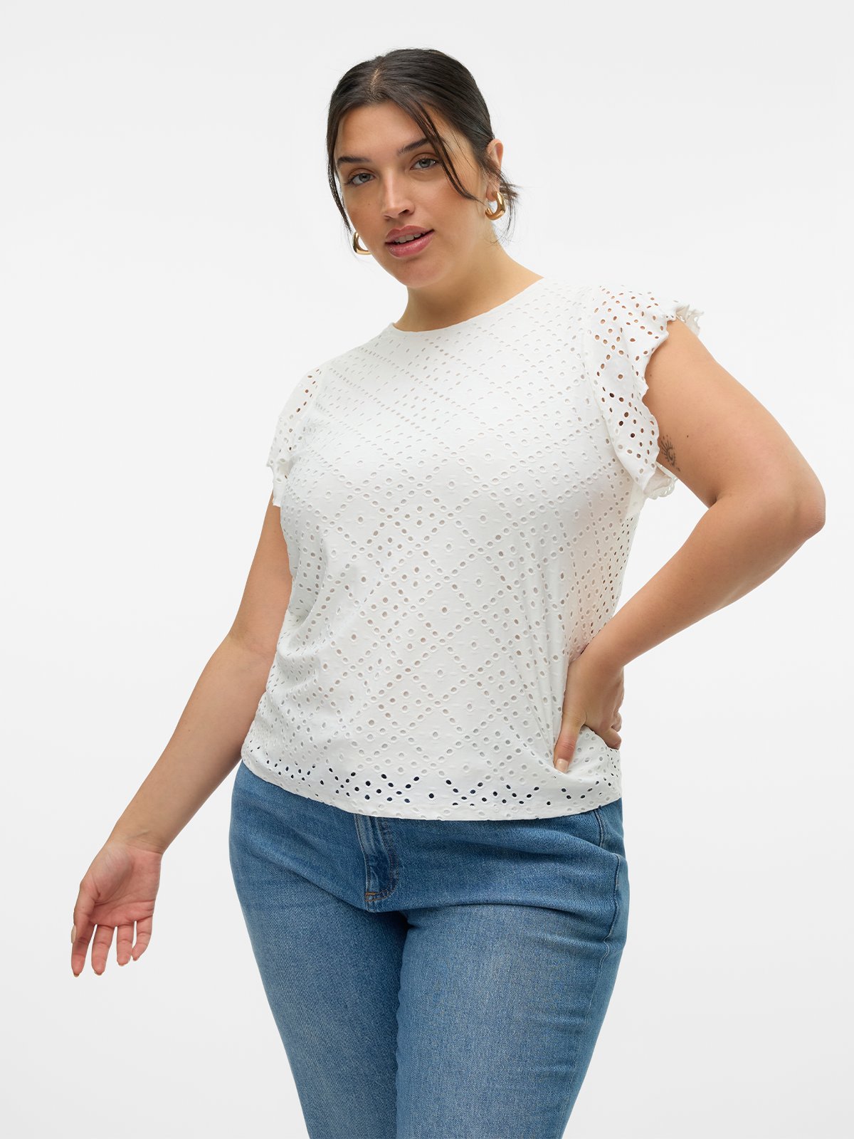 Vero Moda Curve Tassa Short Sleeve Frill Top Snow White