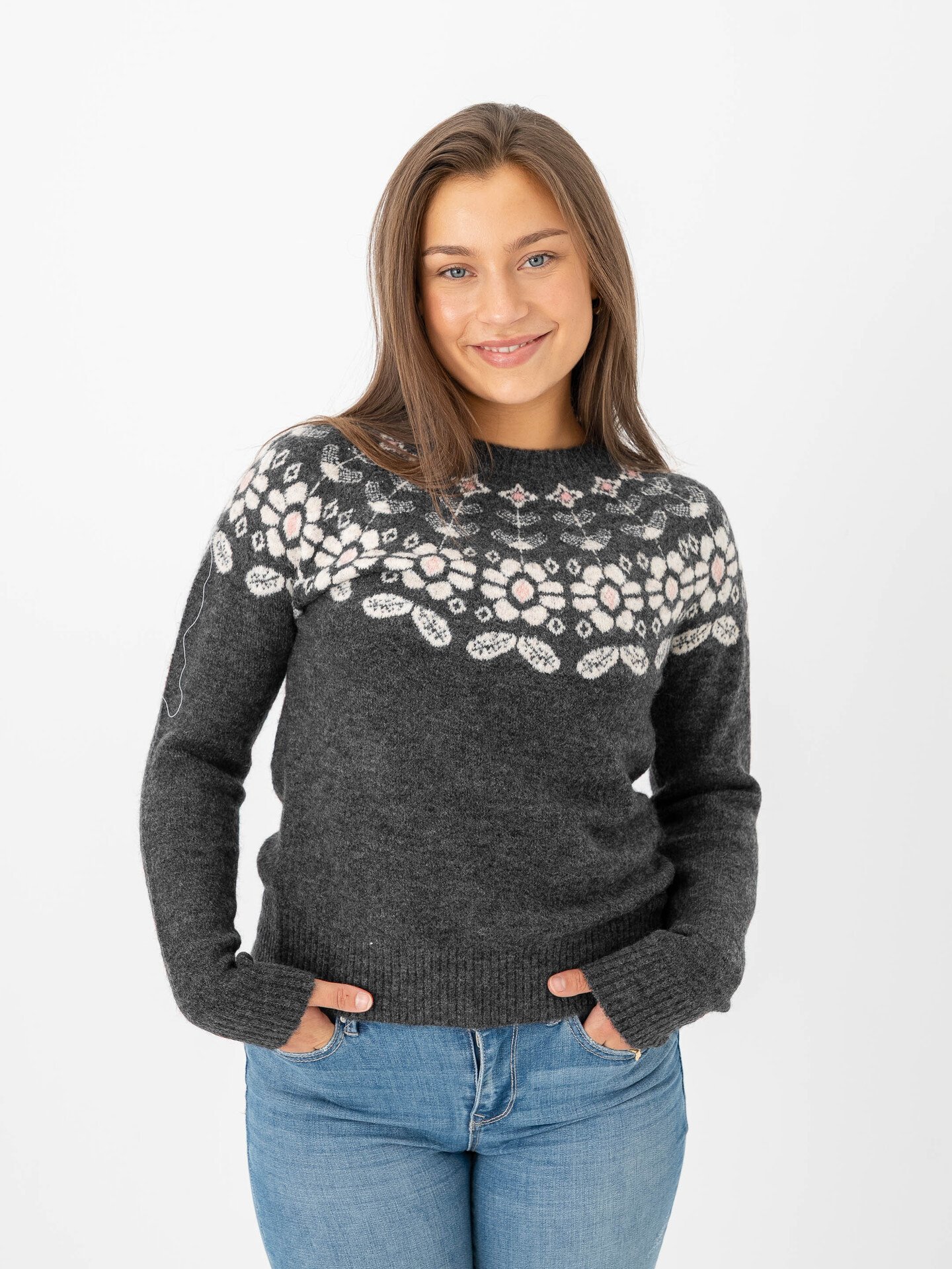 Vero Moda Simone Long Sleeve Nordic Pullover Dark Grey Melange W. Birch + Rose E/Flower
