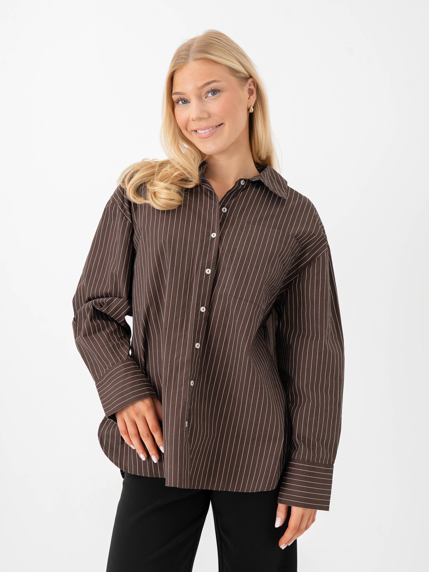 Vero Moda Fanni Long Sleeve Shirt Chocolate Brown SNOW WHITE PINSTRIPE
