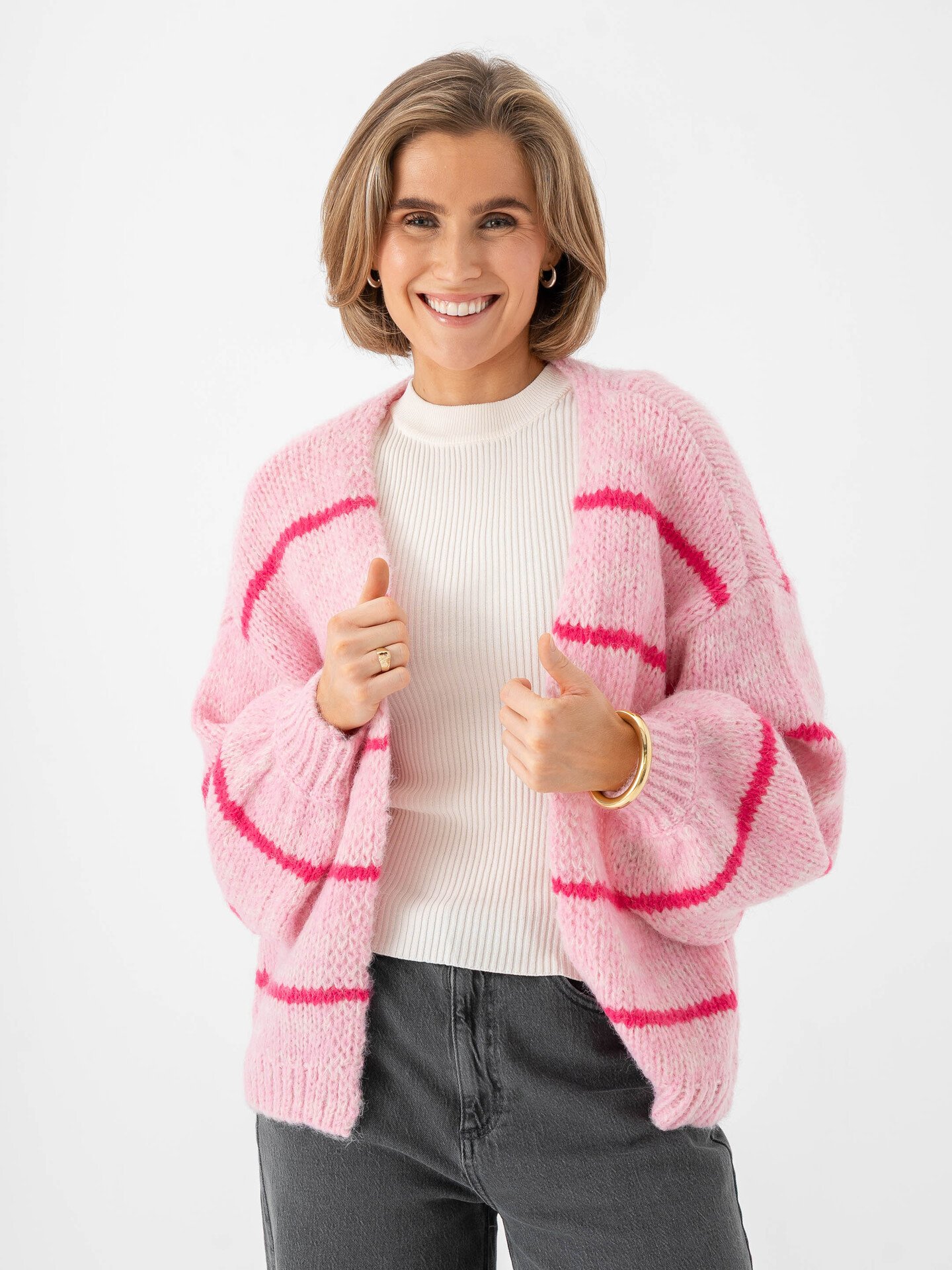 Vero Moda Maybe Art Long Sleeve Open Cardigan Bonbon Stripes W. Birch Melange + Cabaret Stripes