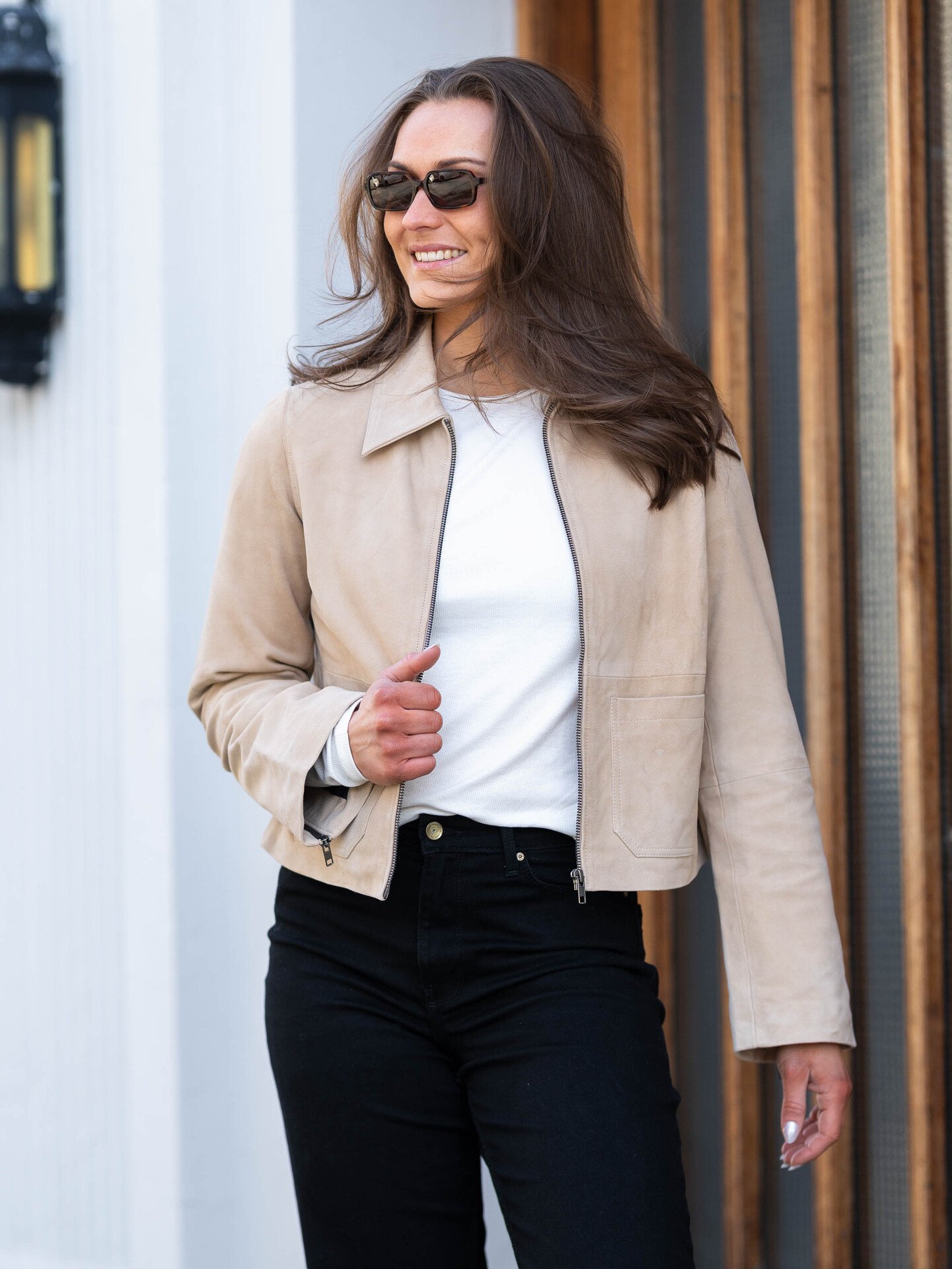 Y.A.S Sapera Long Sleeve Leather Jacket Beige