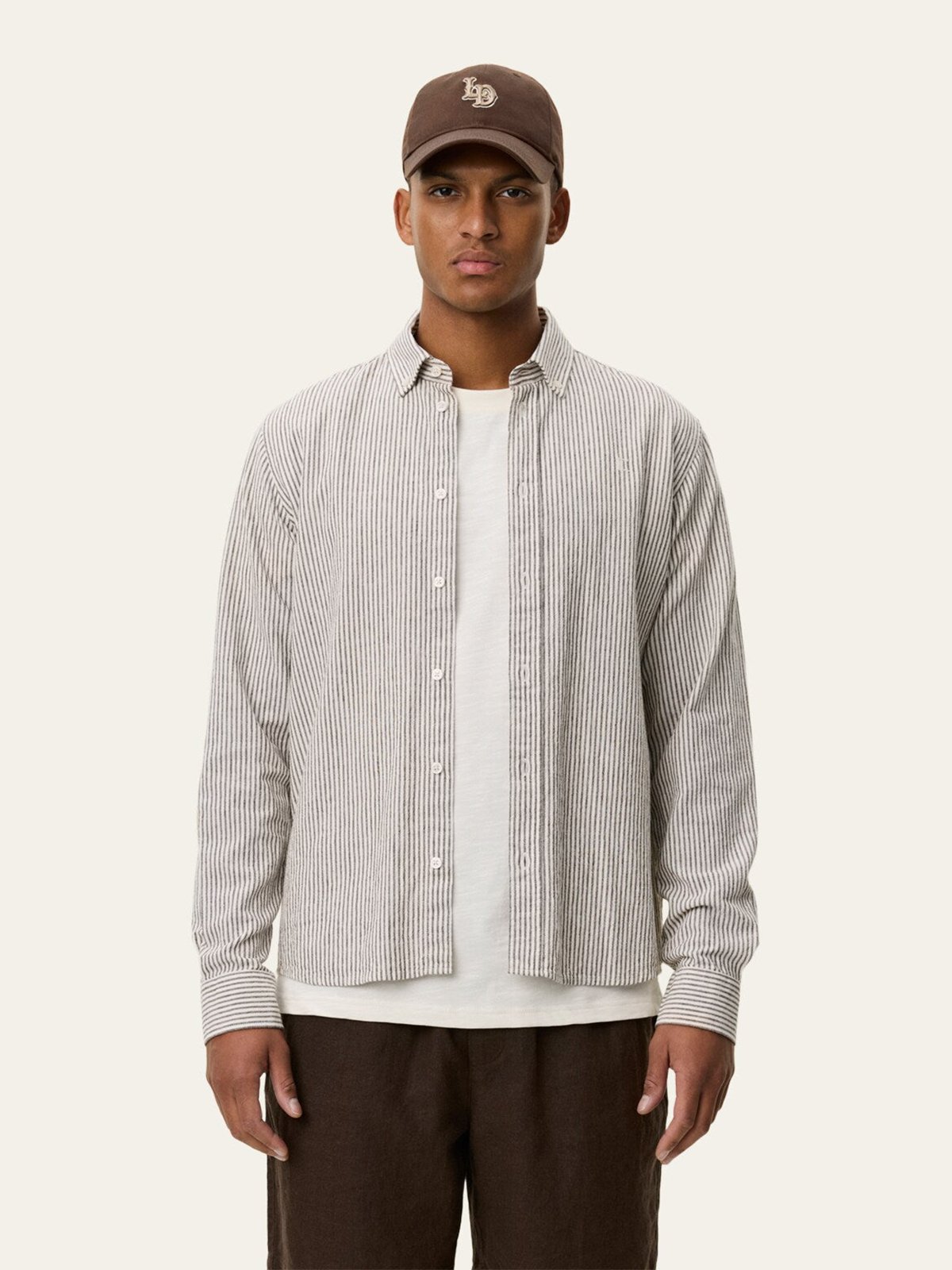 Les Deux Konrad Stripe Cotton Linen Shirt Teak Brown
