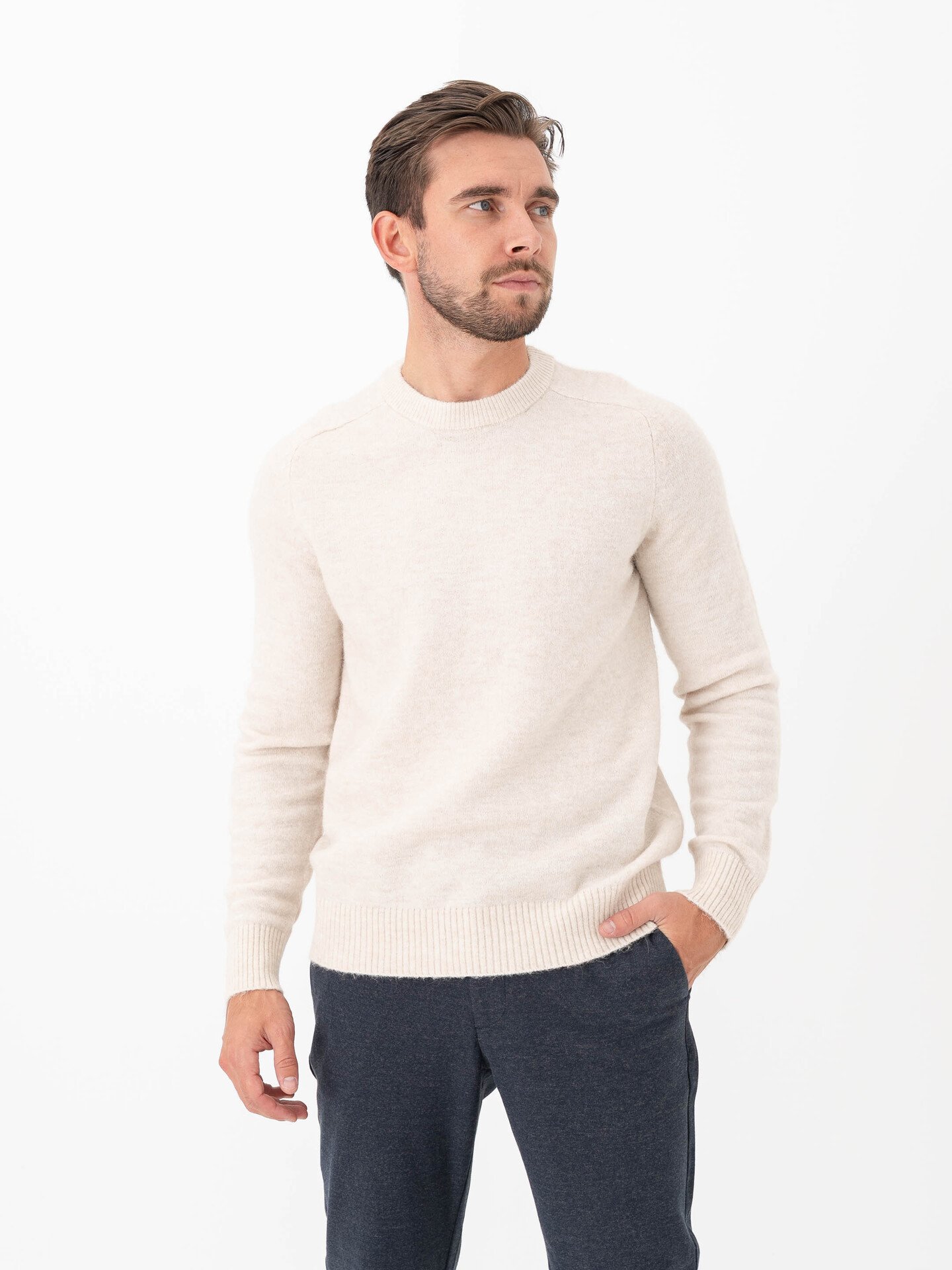 Selected Homme Rai Long Sleeve Knit Crew Neck Oatmeal Melange
