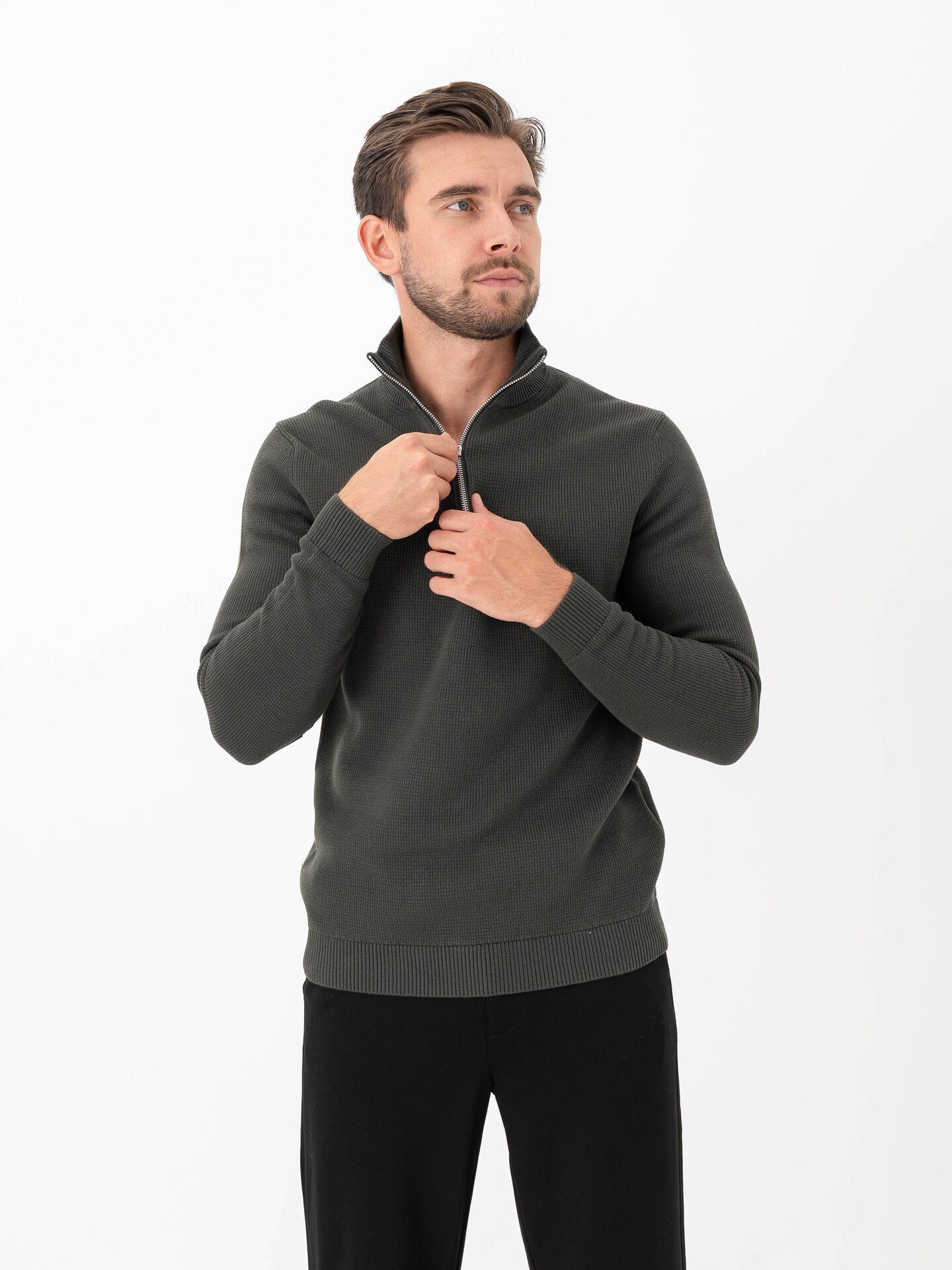 Selected Homme Dane Long Sleeve Knit Structure Half Zip Deep Forest