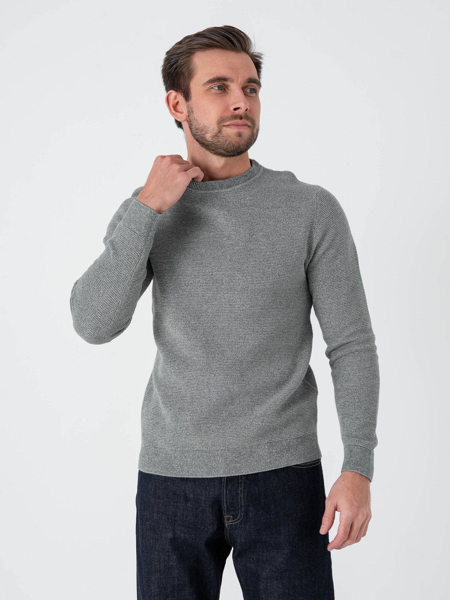 Selected Homme Ross Long Sleeve Knit Structure Crew Neck Balsam Green Aqua Gray