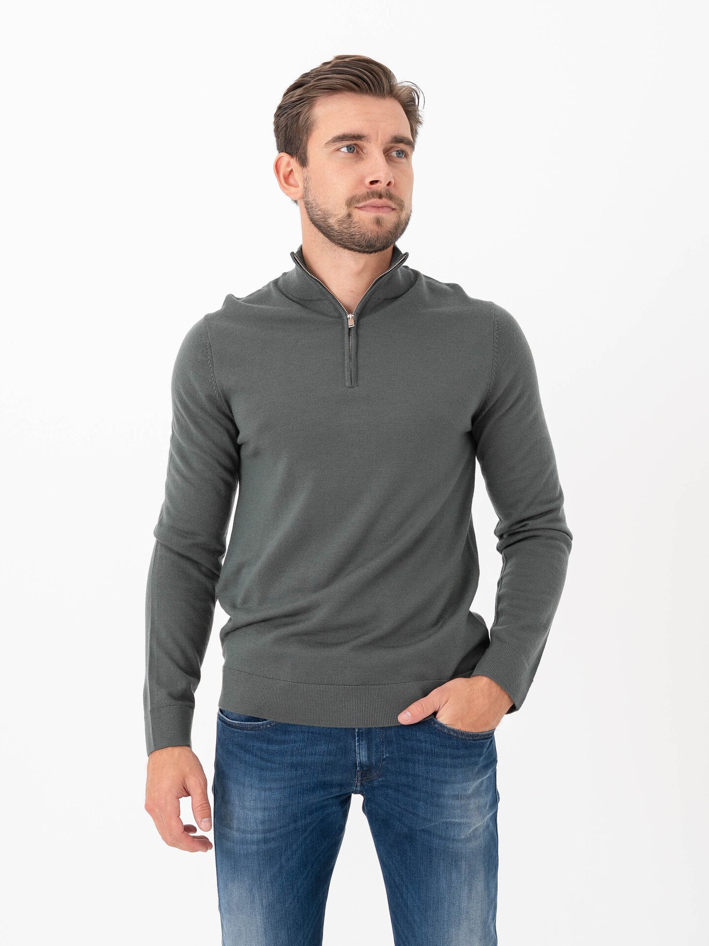 Selected Homme Tray Long Sleeve Knit Merino Half Zip Deep Forest