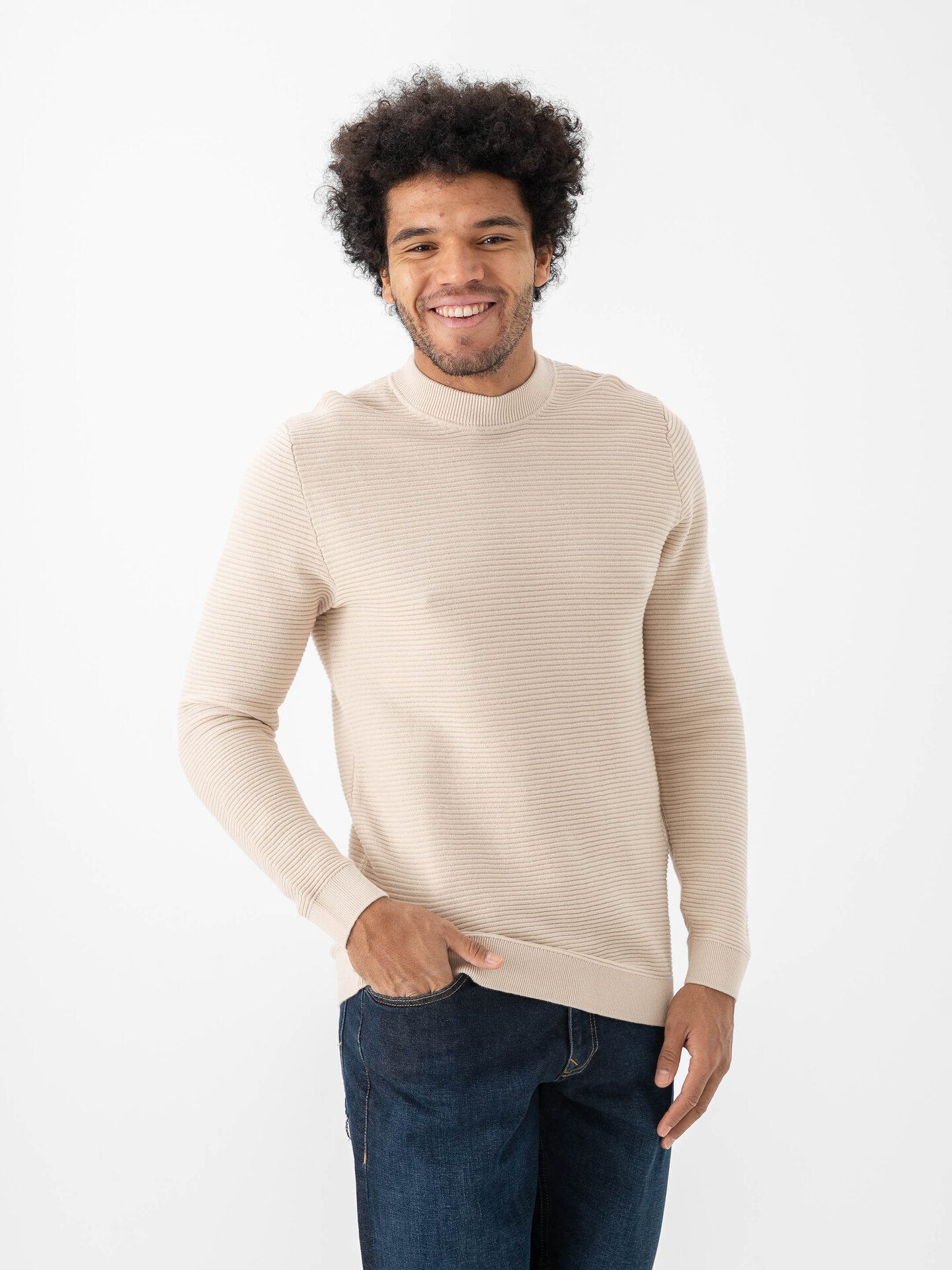Selected Homme Tion Long Sleeve Knit Structure Mock Neck Oatmeal