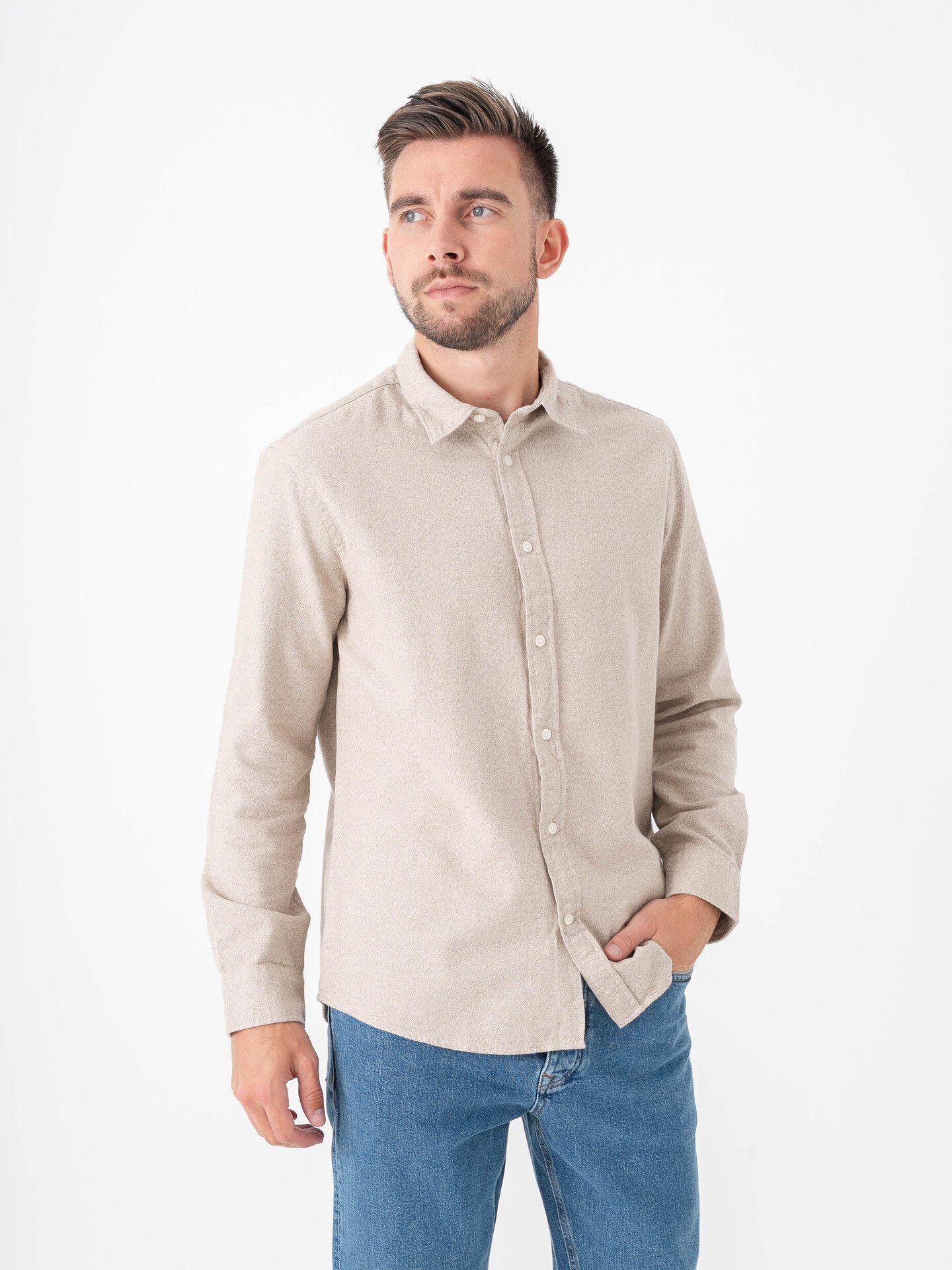 Selected Homme Regular Noah Brushed Twist Shirt Long Sleeve Egret Twisted - Chinchilla
