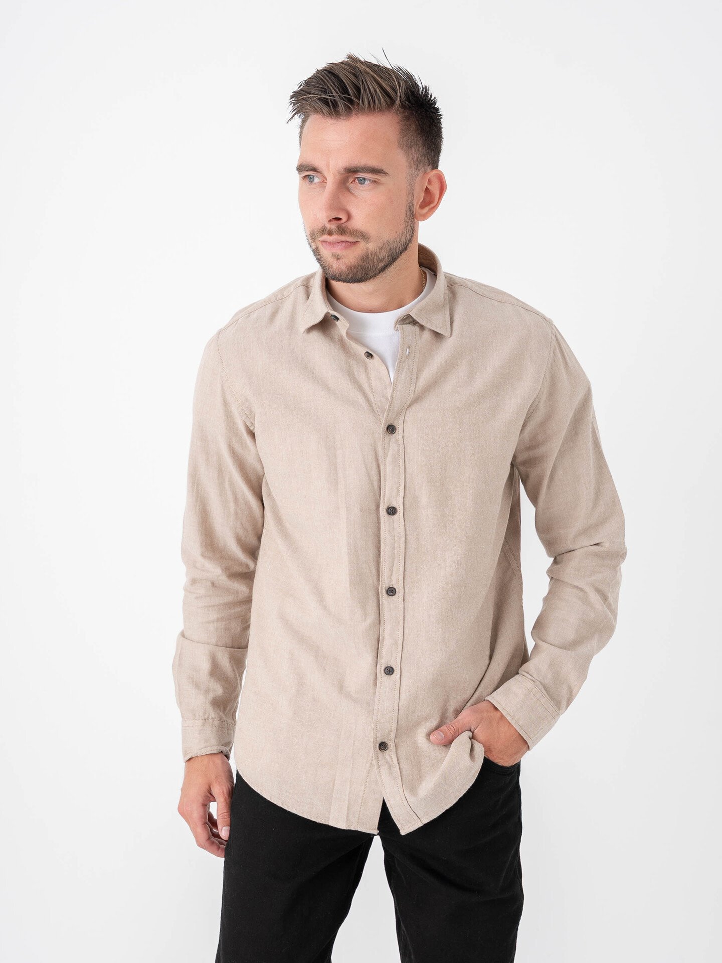 Jack and Jones Classic Melange Shirt Long Sleeve Oatmeal