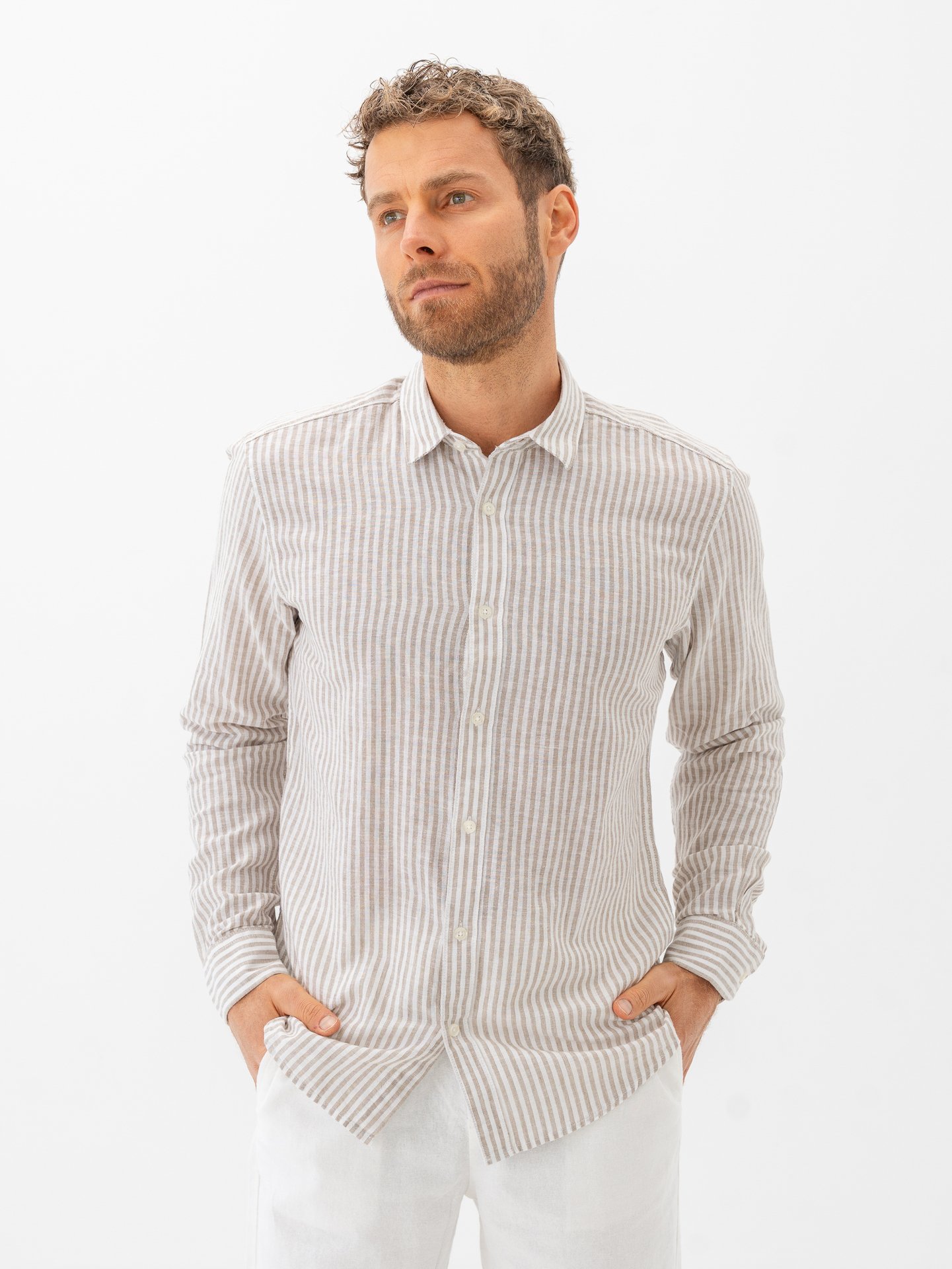Only & Sons Caiden Life Long Sleeve Stripe Linen Chinchilla