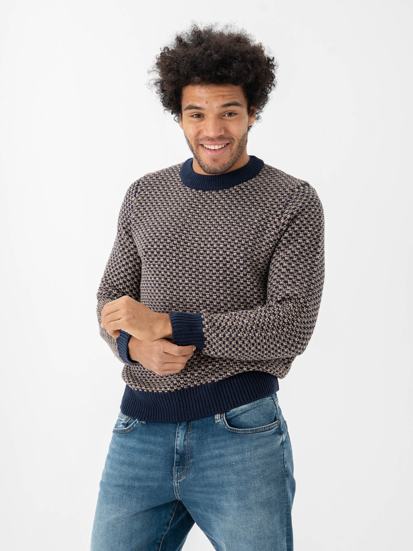 Only & Sons Musa Regular 3 Structured Crew Knit Navy Blazer Desert Taupe + Teak