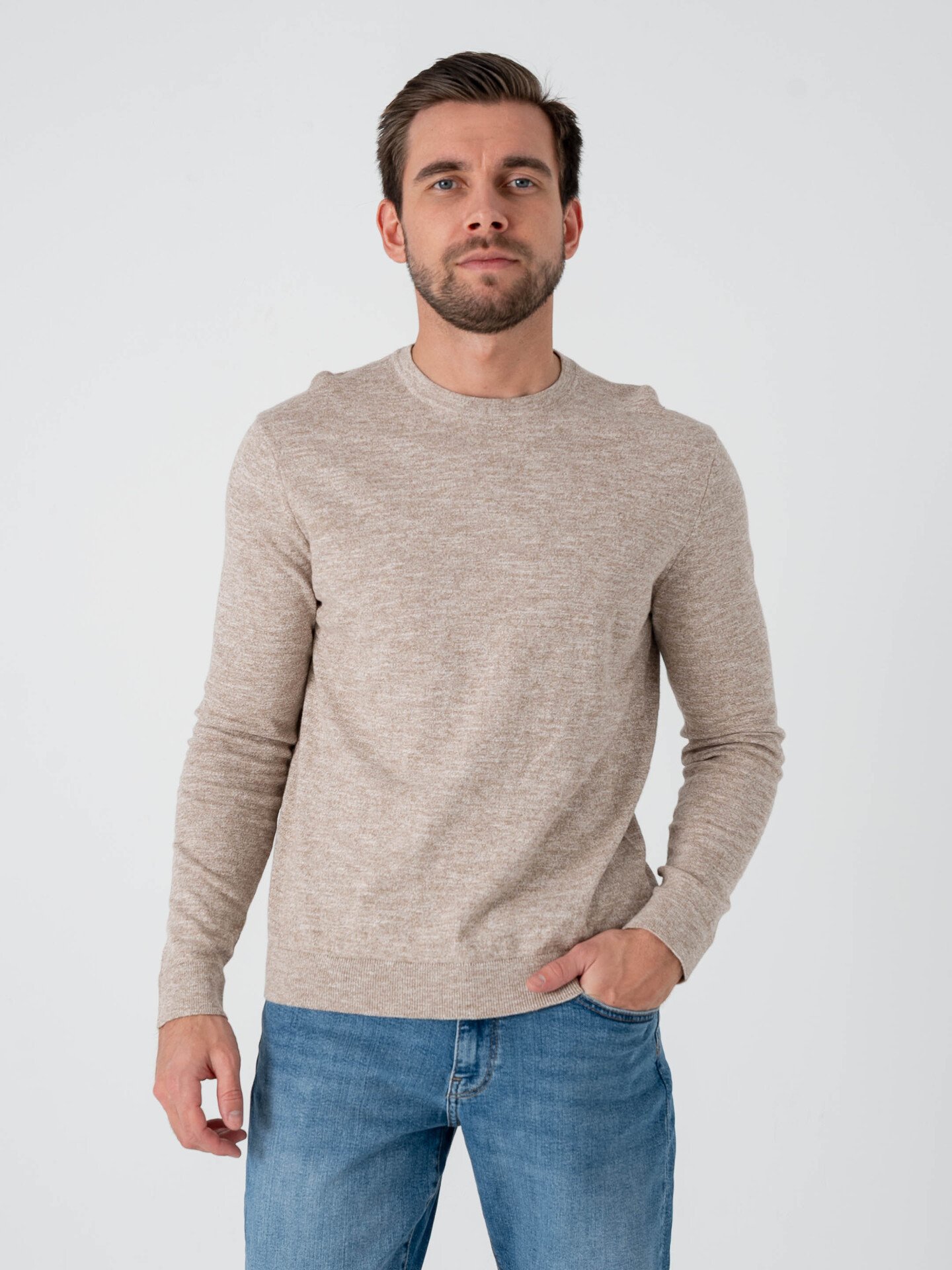 Only & Sons Tim Reg Long Sleeve Linen Crew Knit Desert Taupe / Cloud Dancer Twist