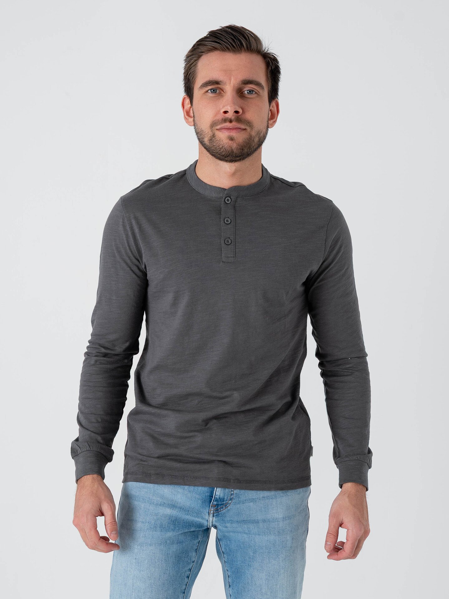 Only & Sons Benne Henley Regular Long Sleeve Tee Grey Pinstripe