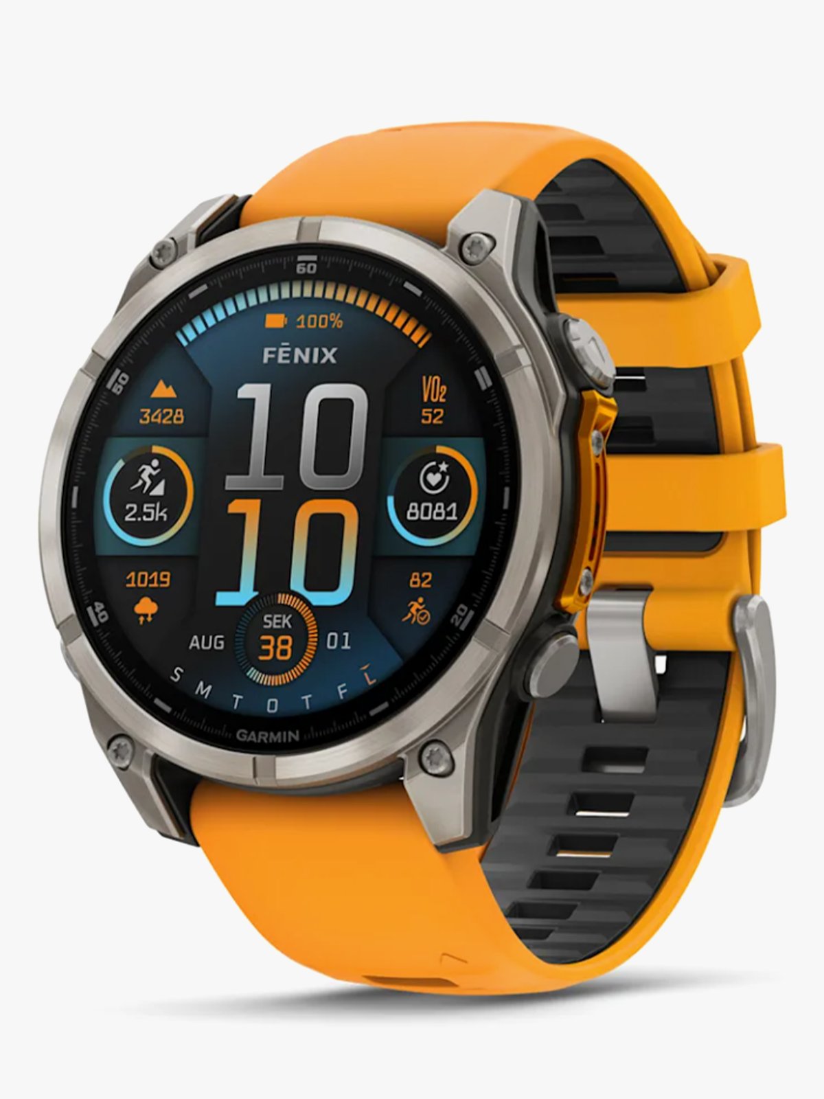 Garmin fenix 8–47 mm, AMOLED Sapphire, Titan med oransje/grafittifarget silikonrem