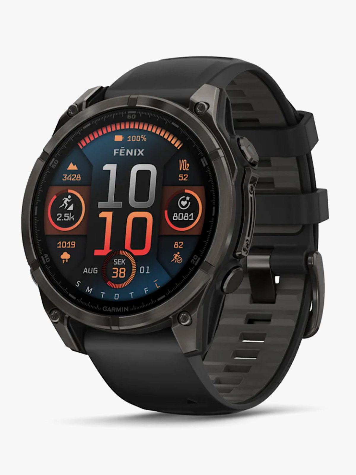 Garmin fenix 8–47 mm, AMOLED Sapphire, Karbongrå DLC-titan med sort/steingrå silikonrem