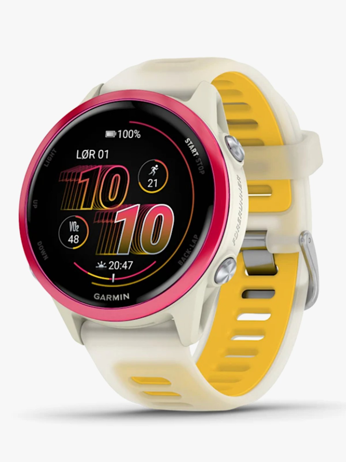 Garmin Forerunner 570 - 42mm Bringebærfarget aluminium med gjennomsiktig benfarget/mangofarget rem