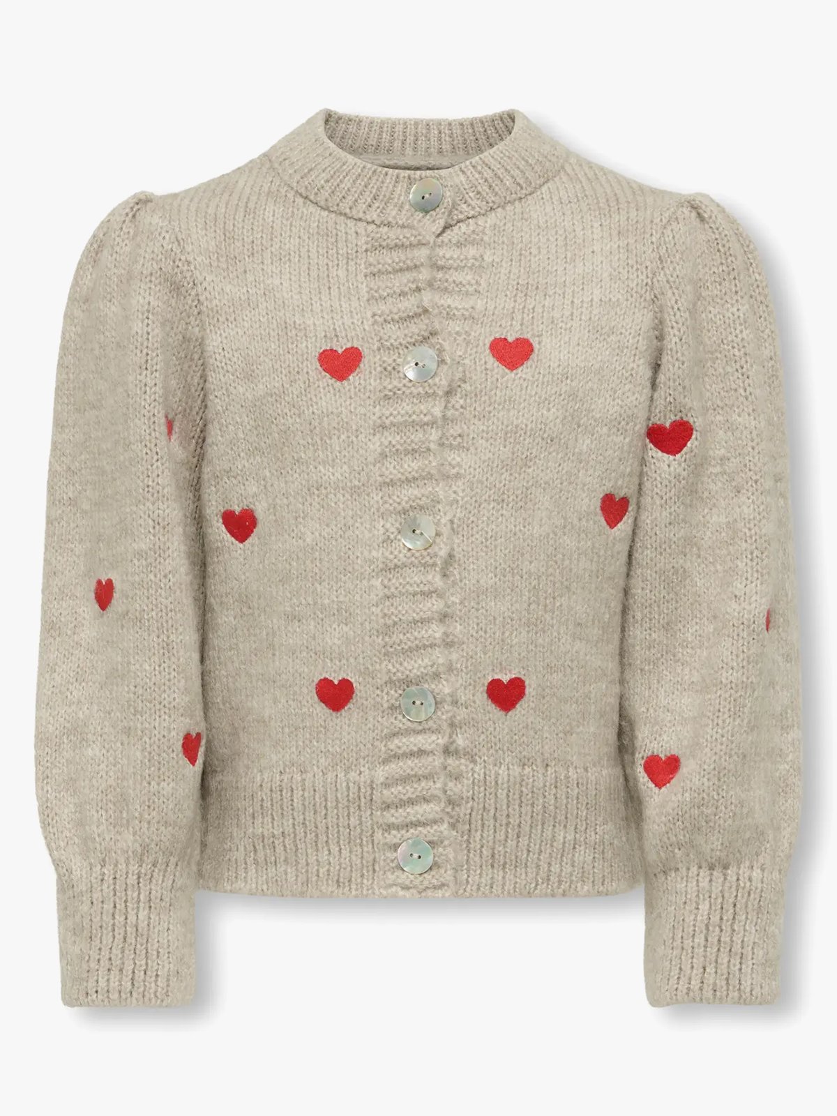 Kids Only Silla Long Sleeve O-Neck Cardigan Knit Pumice Stone Melange/EMB Hearts High Risk Red